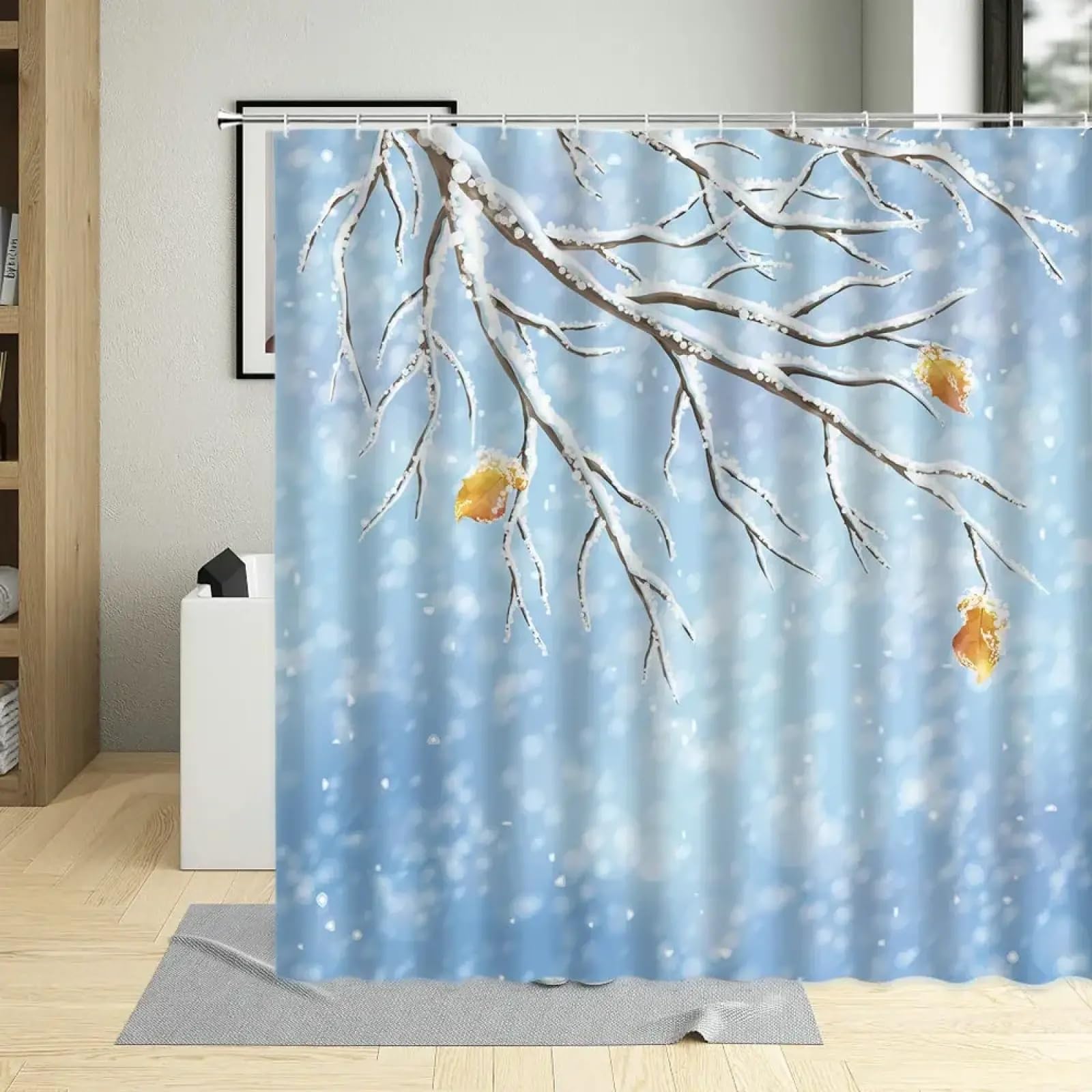 Rideau de douche flocon de neige d'hiver en tissu imprimé nature avec crochets 130x140cm