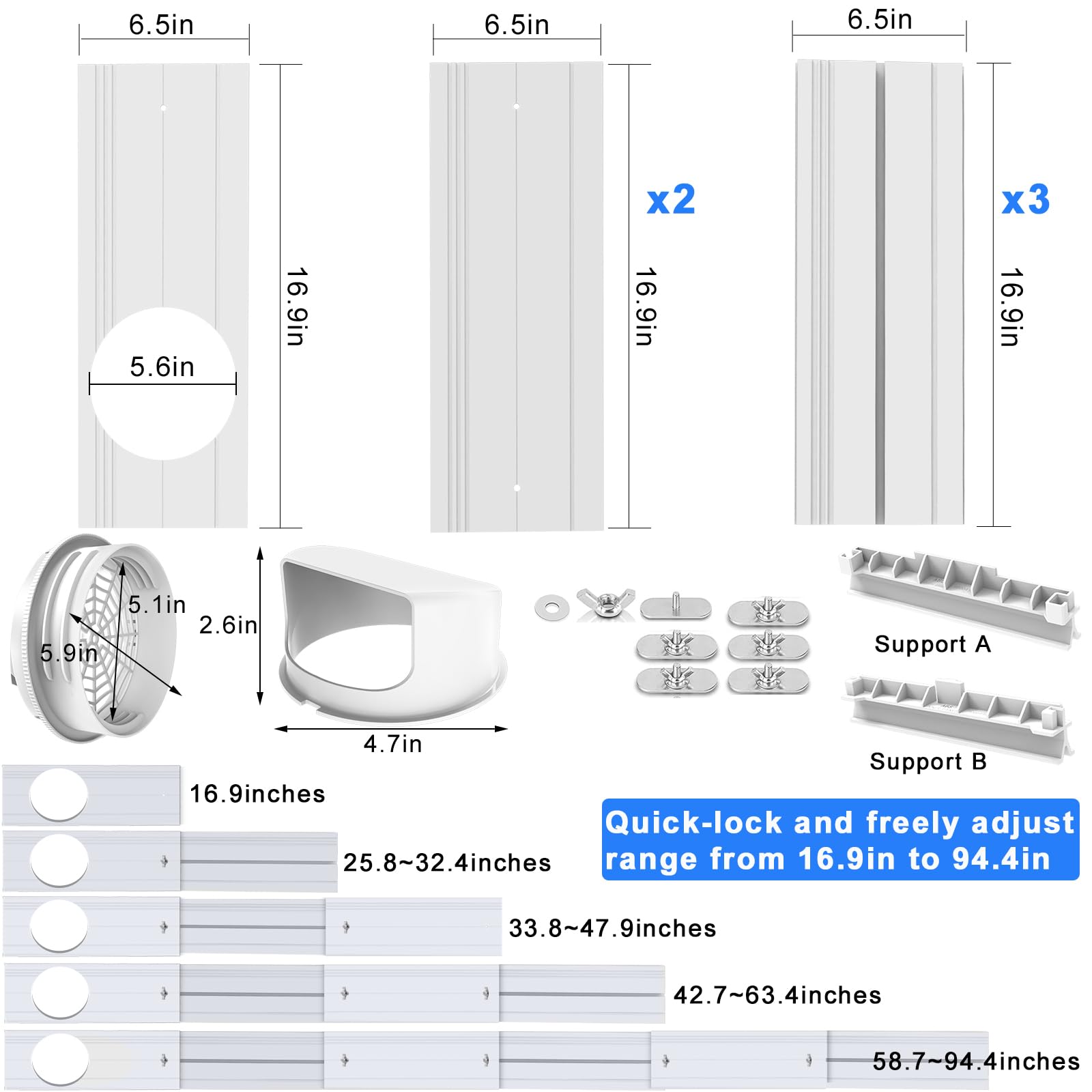 Kit de aire acondicionado para puerta corredera, kit de ventilación portátil para manguera de escape de 5 pulgadas/5.9 pulgadas, kit de sellado de ventilación de CA sin costuras con 6 placas mejoradas