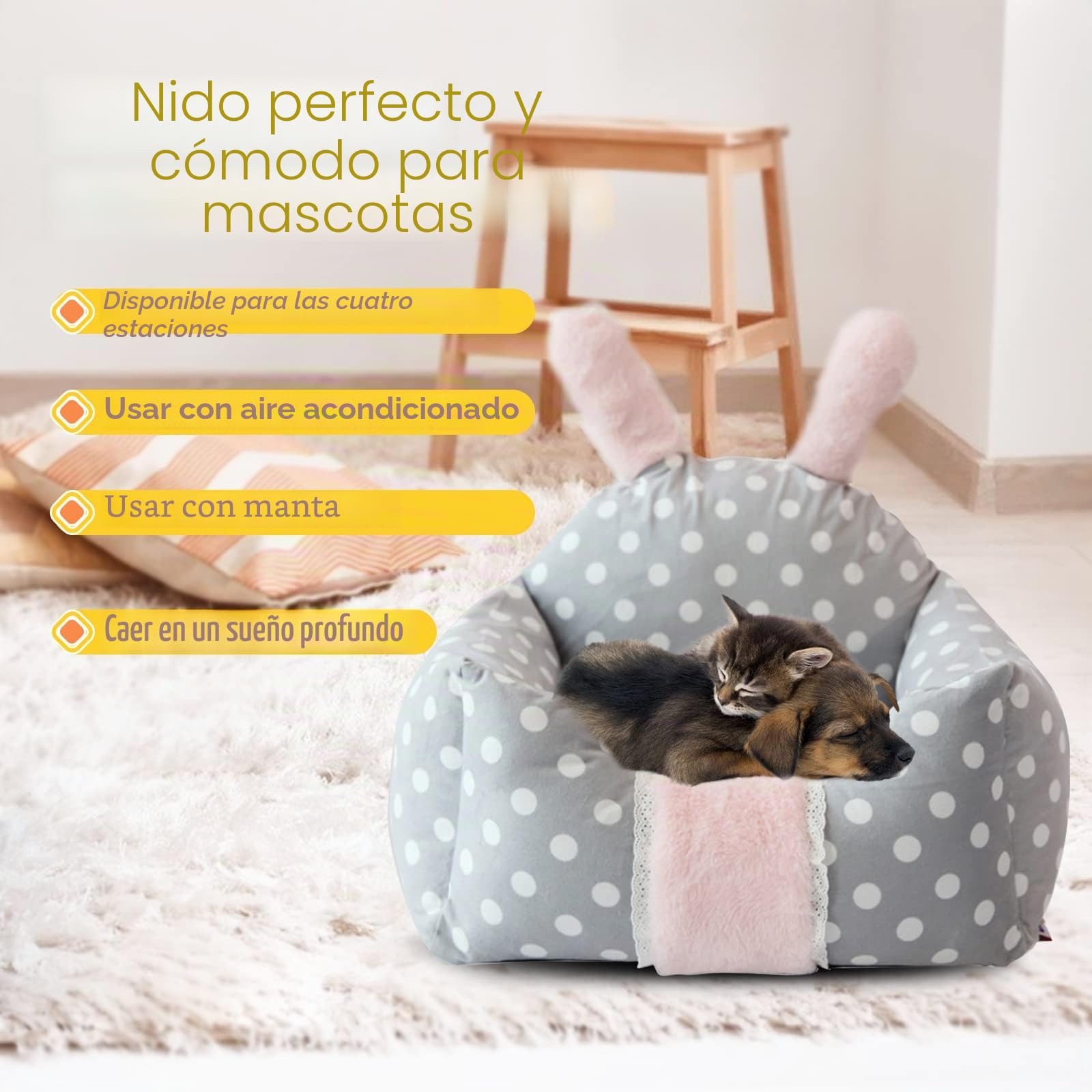 PETCUTE Cama para perros desenfundable y lavable, cojín ultra suave para pequeños, medianos y grandes, casetas de interior, lindos orejas de conejo, camas para gatos