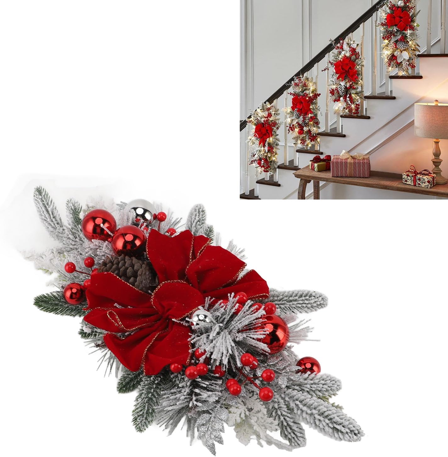 LED Christmas Teardrop Swag, Artificial Stairs Swag Garland, Pine Cones, Red Berries, Indoor and Outdoor Xmas Decoration with Snow, Rattan, PVC Material, 60x30cm (Red Without