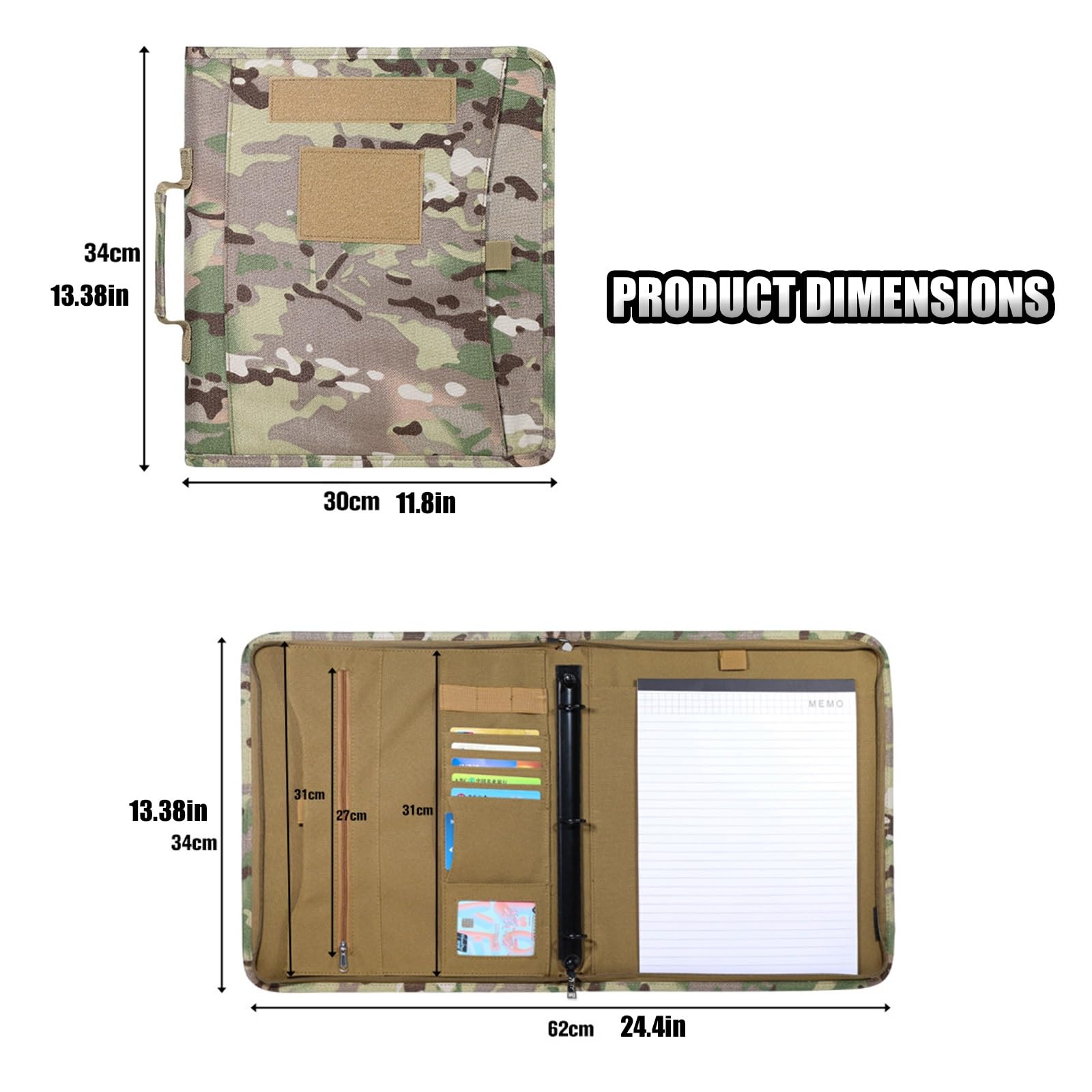 Carpeta Táctica A4 con Cremallera y 25 Hojas de Papel Tamaño Carta, Cubierta Tipo Cuaderno, Carpeta Desmontable de 3 Anillas