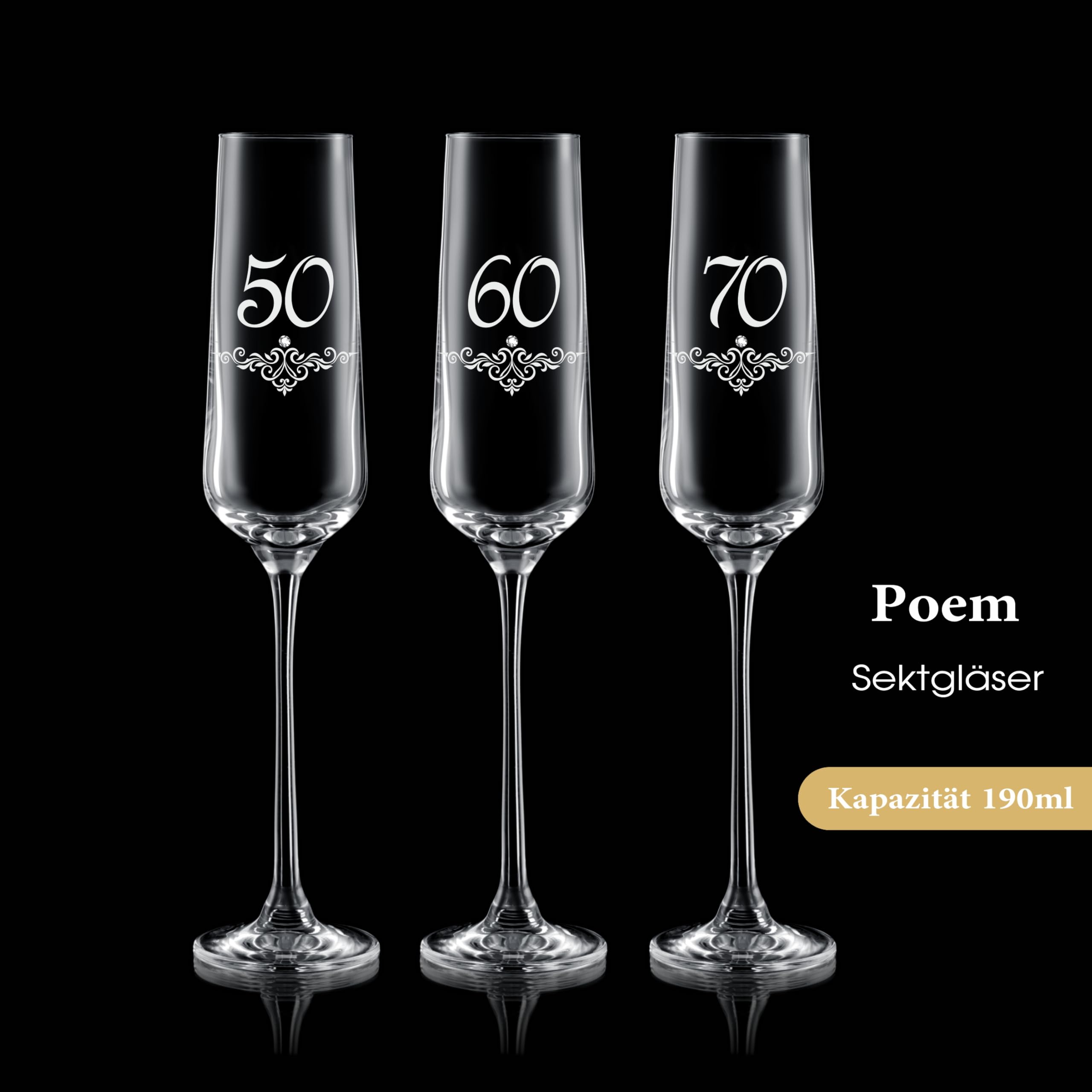 Poem Copa de champán con grabado, modernas copas de champán con diseño ornamental y acento de cristal, 70 cumpleaños hombre y mujer, regalos para mujeres y hombres, hecho a mano en la UE, 1