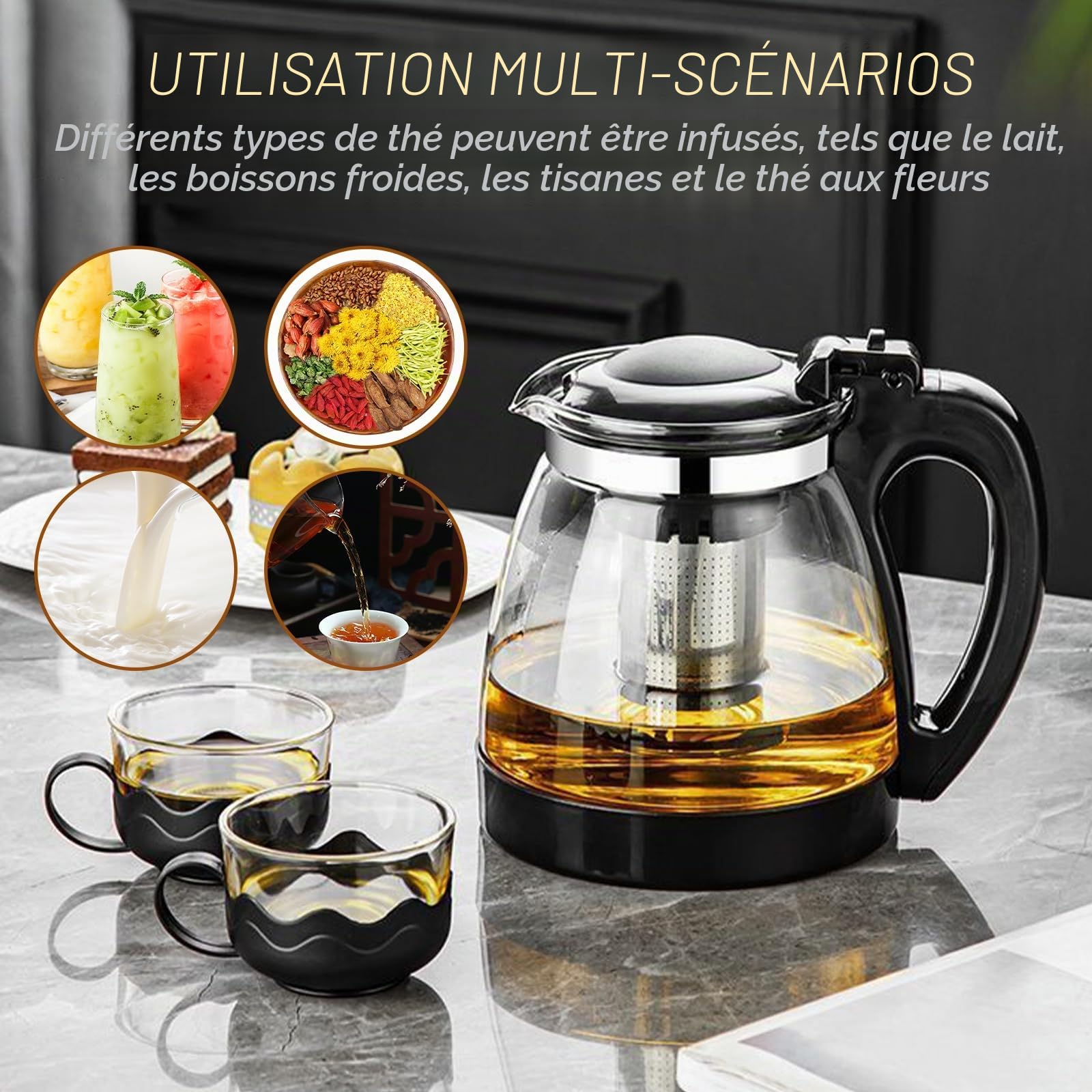 Théière en verre : WEGREAT Théière 2 l avec infuseur, théière en verre avec tamis résistant à la chaleur, nettoyage facile, convient pour infuser du thé, du thé aux fleurs, des tisanes et des sachets