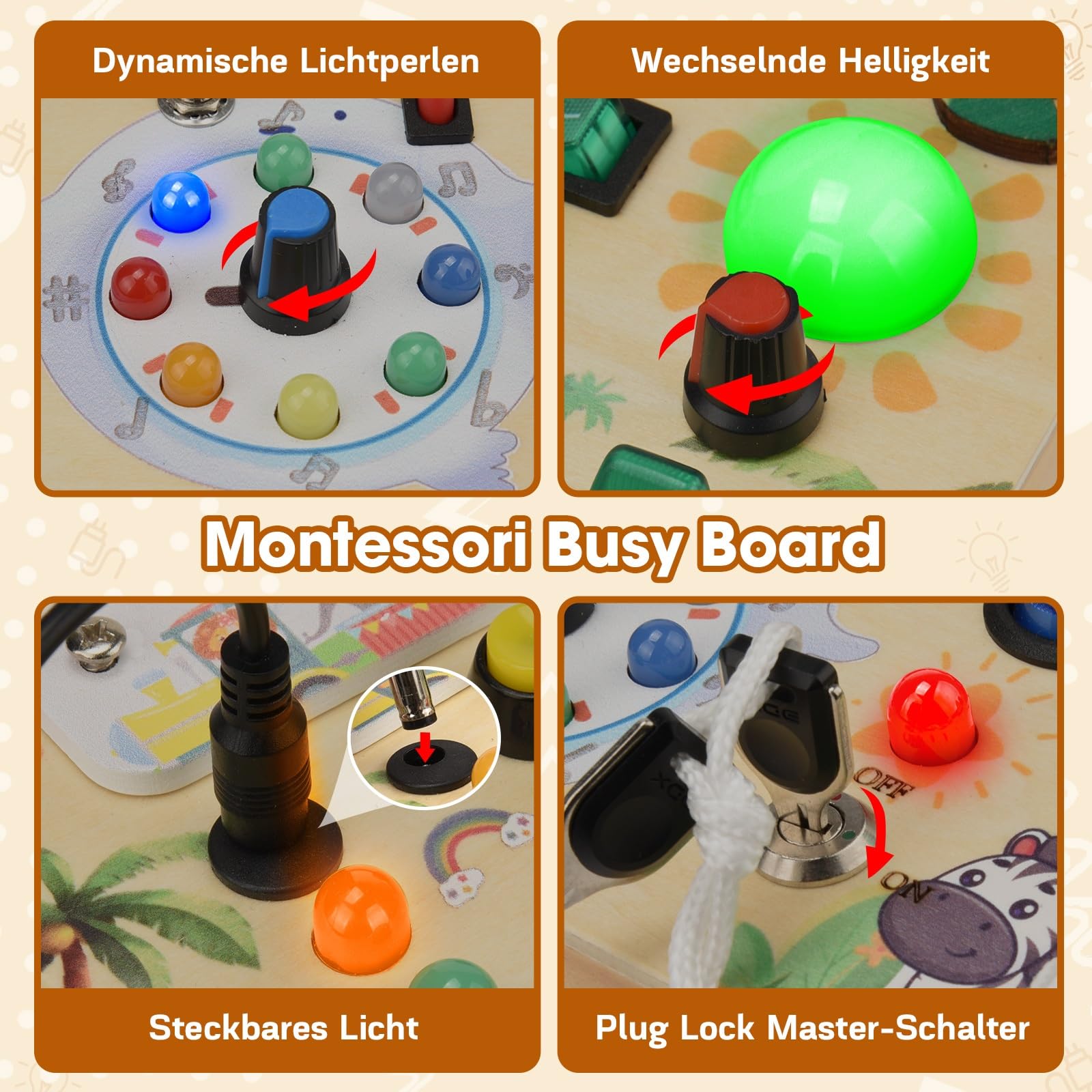 MILFECH Montessori Spielzeug Busy Board, Aktivitätsbrett Holzspielzeug mit 10 Schaltern und 17 LED-Lichtern Sensorik Spielzeug Motorikspielzeug für Babys Kinder ab 1 2 3 Jahr(Massivholz)