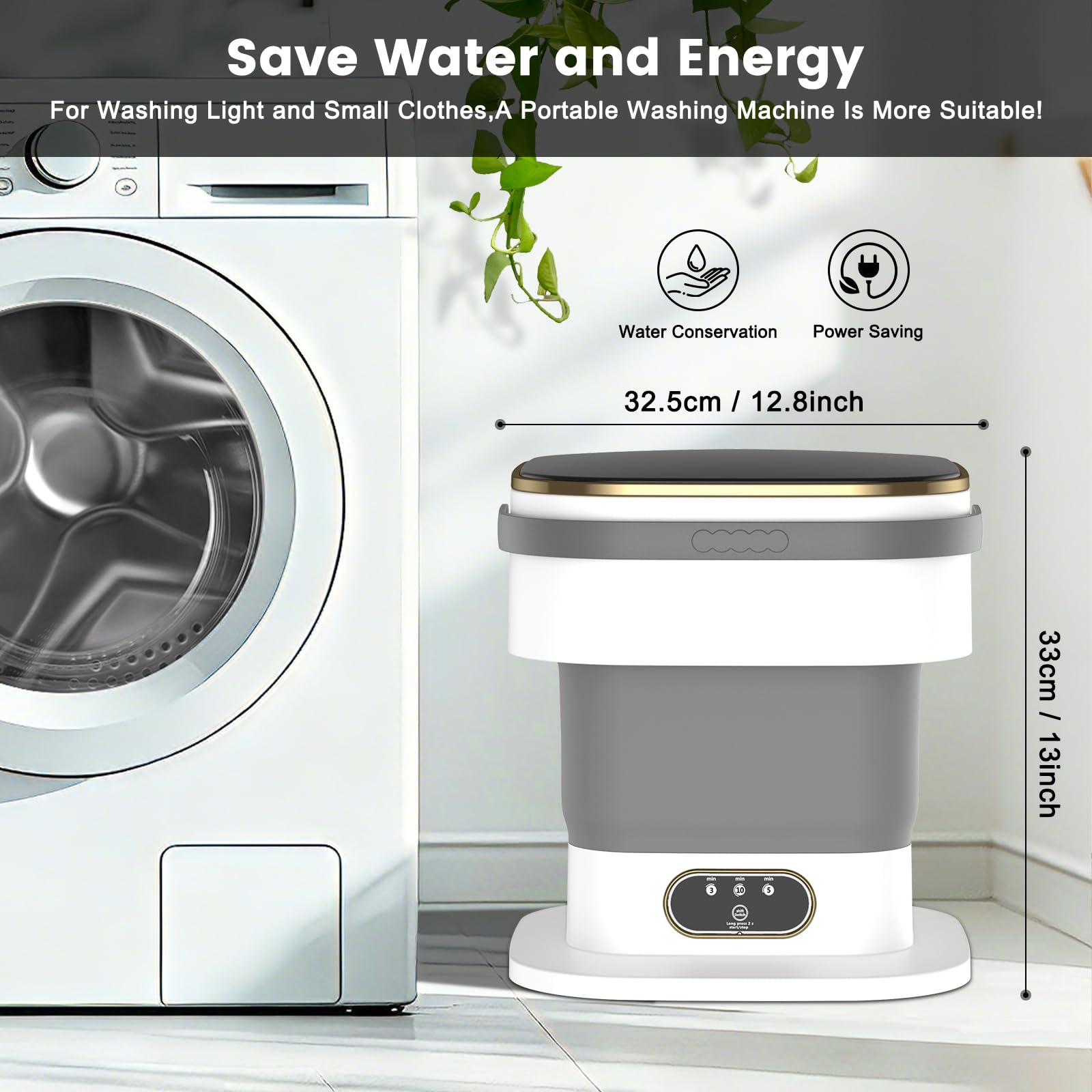 Mini machine à laver,machine à laver portable améliorée de 15 L,3 programmes de lavage avec essorage, adapté aux vêtements légers et petits, pliable, idéal pour les appartements et le camping (gris)