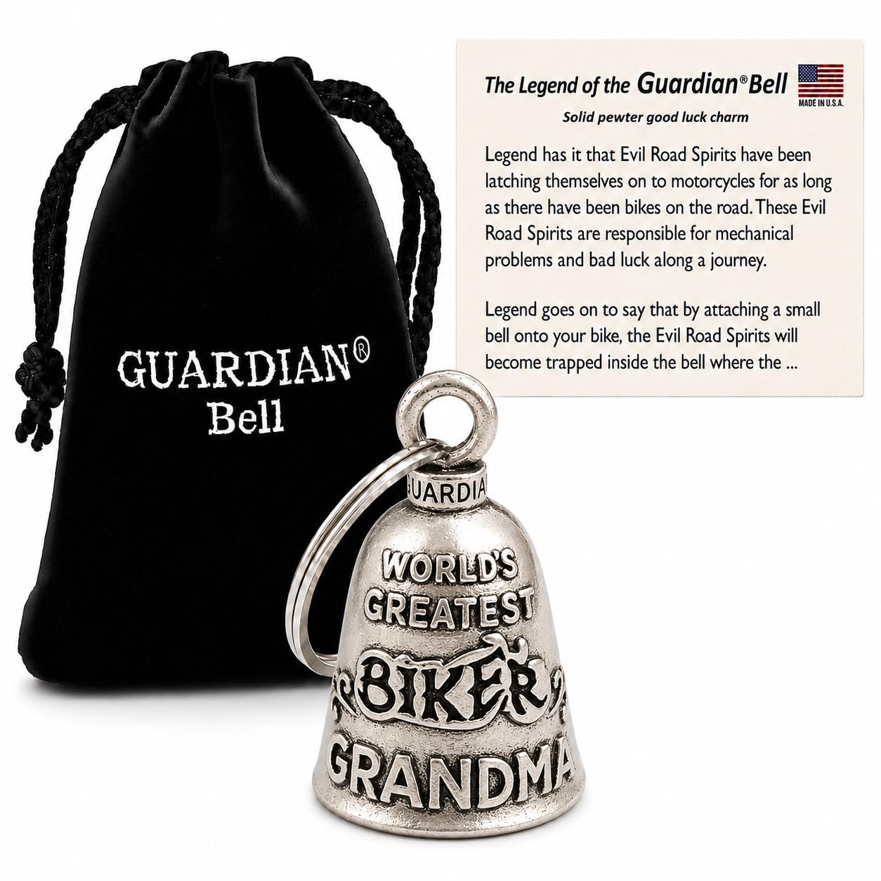 Guardian Bell Good Luck Bell w/Keyring &amp; Black Gift Bag | Motorcycle Bell | Pewter | Good Luck Gift | Bike Bell | Made in USA