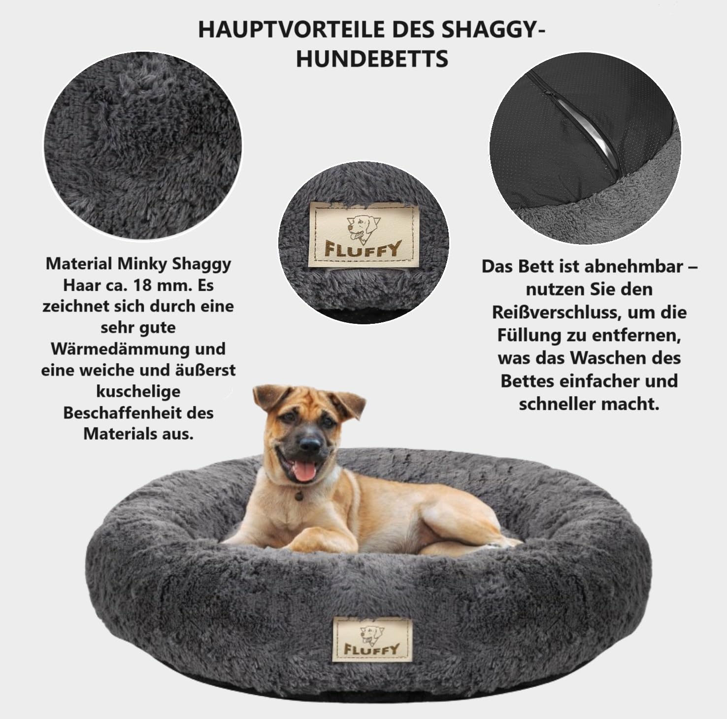 KING DOG Hundebett rundes Kuschelbett M 60 cm weiches Hundekissen mit Plüsch Bezug herausnehmbares Innenkissen Rutschfester Boden waschbar