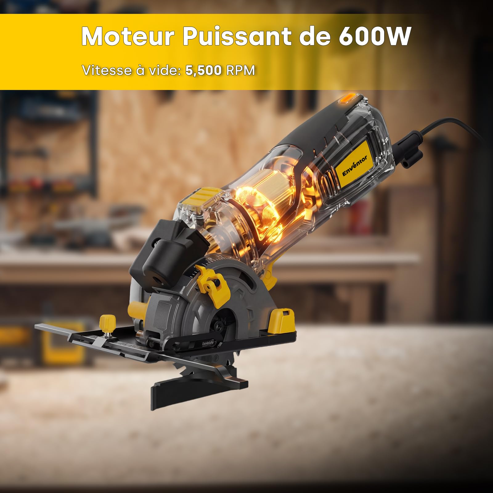 Enventor 600W Mini Scie Circulaire, Petite Scie Circulaire Portative avec échelle et Guide Laser, 5500RPM, Utilisation à une Main, 3 Lames de Scie, pour Bois, Carrelage, Plastique et Métaux fins
