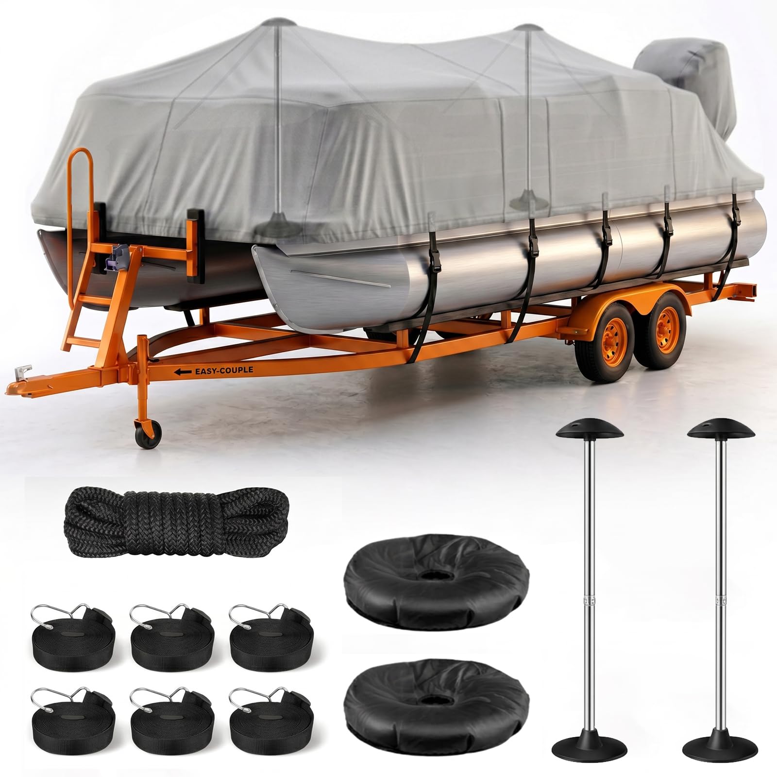 View 1 of 1200D Pontoon Boat Cover 21-24ft with Support Poles 2 Pack, Gray