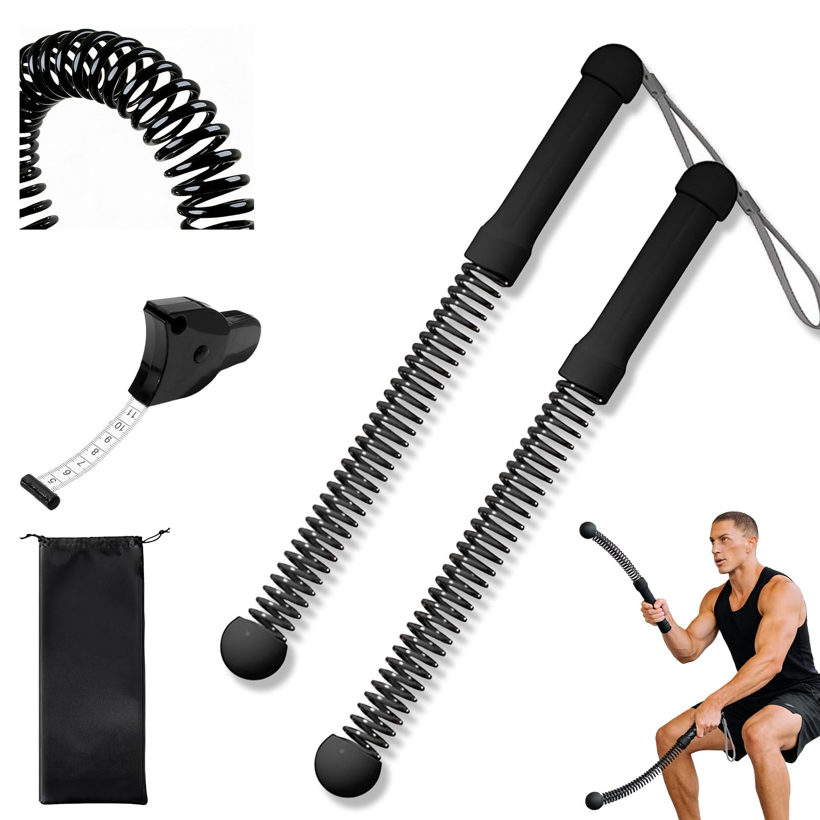 Ropeless Battle Ropes for Home Workout, Weighted Cordless Battle Rope Springs Men Women, Portable Exercise Fitness Workout Gym Equipment for Home Use (Black with Storage Bag & Ruler)