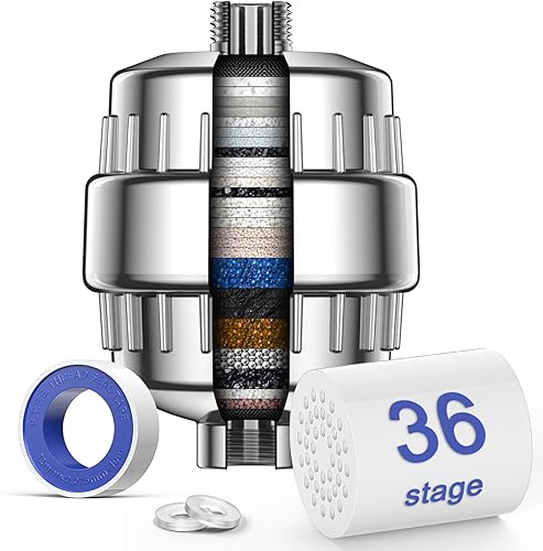 VOXON Filtro de ducha de 36 etapas, 99.99% de eliminación para cloro, fluoruro, metales pesados, filtro de cabezal de ducha para agua dura, reduce