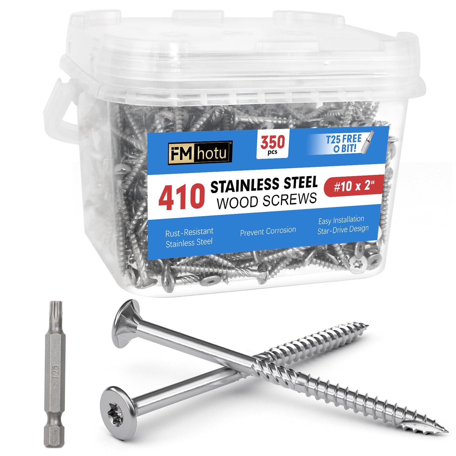 #10 x 2 Stainless Steel Deck Screws, 350Pcs Deck Screws T25 Star Bit, 410 Grade Stainless Steel, Rust Resistant Timber Screws for Log Landscaping Wood