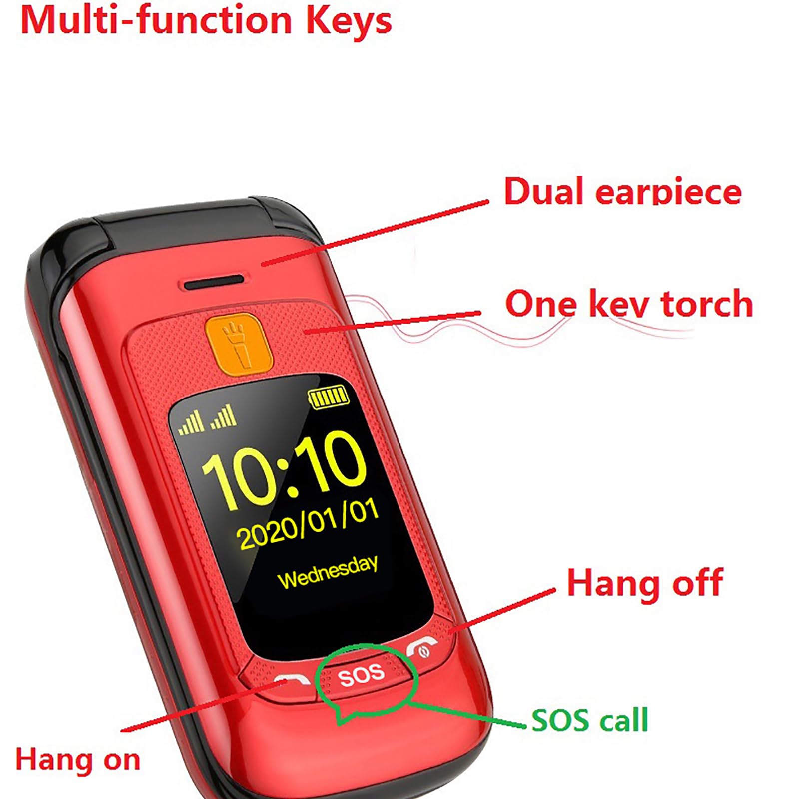 Urządzenie Zapasowe Dla Osób Starszych/dzieci, Odblokowany Telefon Komórkowy Z Klapką, Podwójny Ekran 2,4"/1,44", Podwójna Karta SIM, Multimedialne MP3, Bateria 2800 MAh, Duża Klawiatura,Black