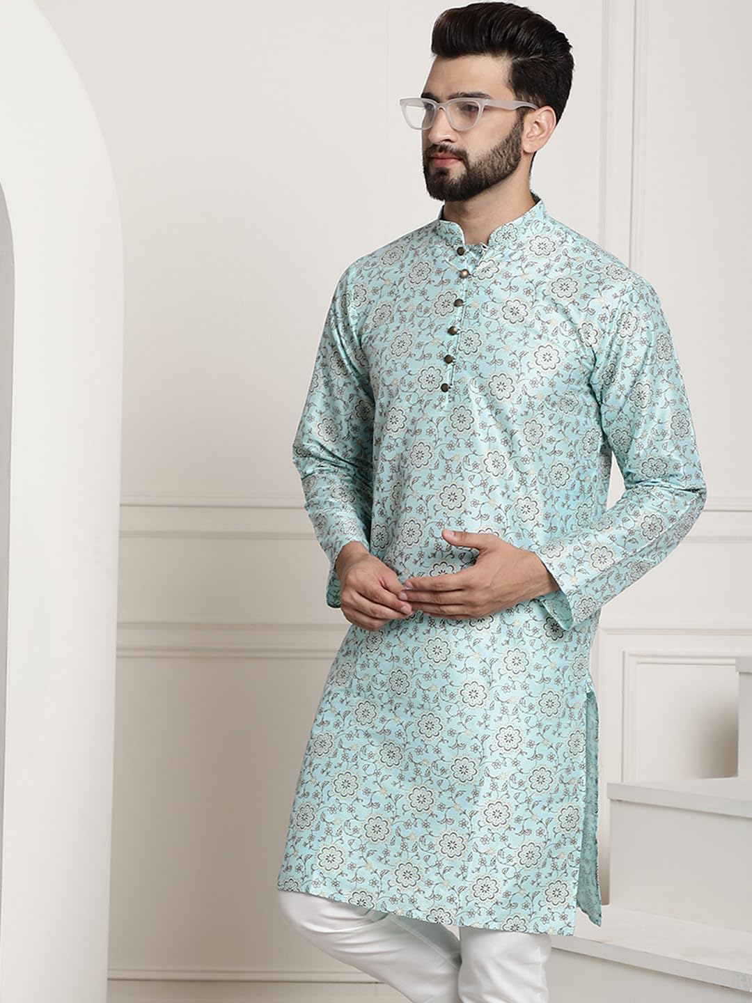 Sojanya (Since 1958 Men's Silk Blend Sea Green Color Print Design Only Long Kurta