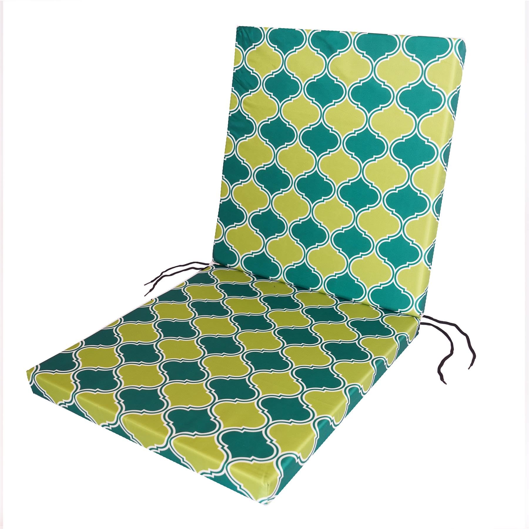 Waterproof Low Back Garden Chair Cushions with Ties – Green Morocco Print | Outdoor Seat Pads 100 x 45 x 4cm - Outdoor Cushions for Garden Furniture, Recliners, Loungers – Removable Washable Cover