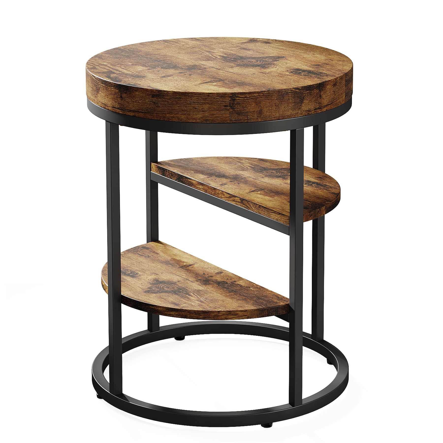 Tribesigns Mesa Auxiliar Redonda Pequeña Con 3 Estantes de Almacenamiento, Mesa de Madera Para Espacios Pequeños, Estilo Industrial Para Sala de Estar, Sofá