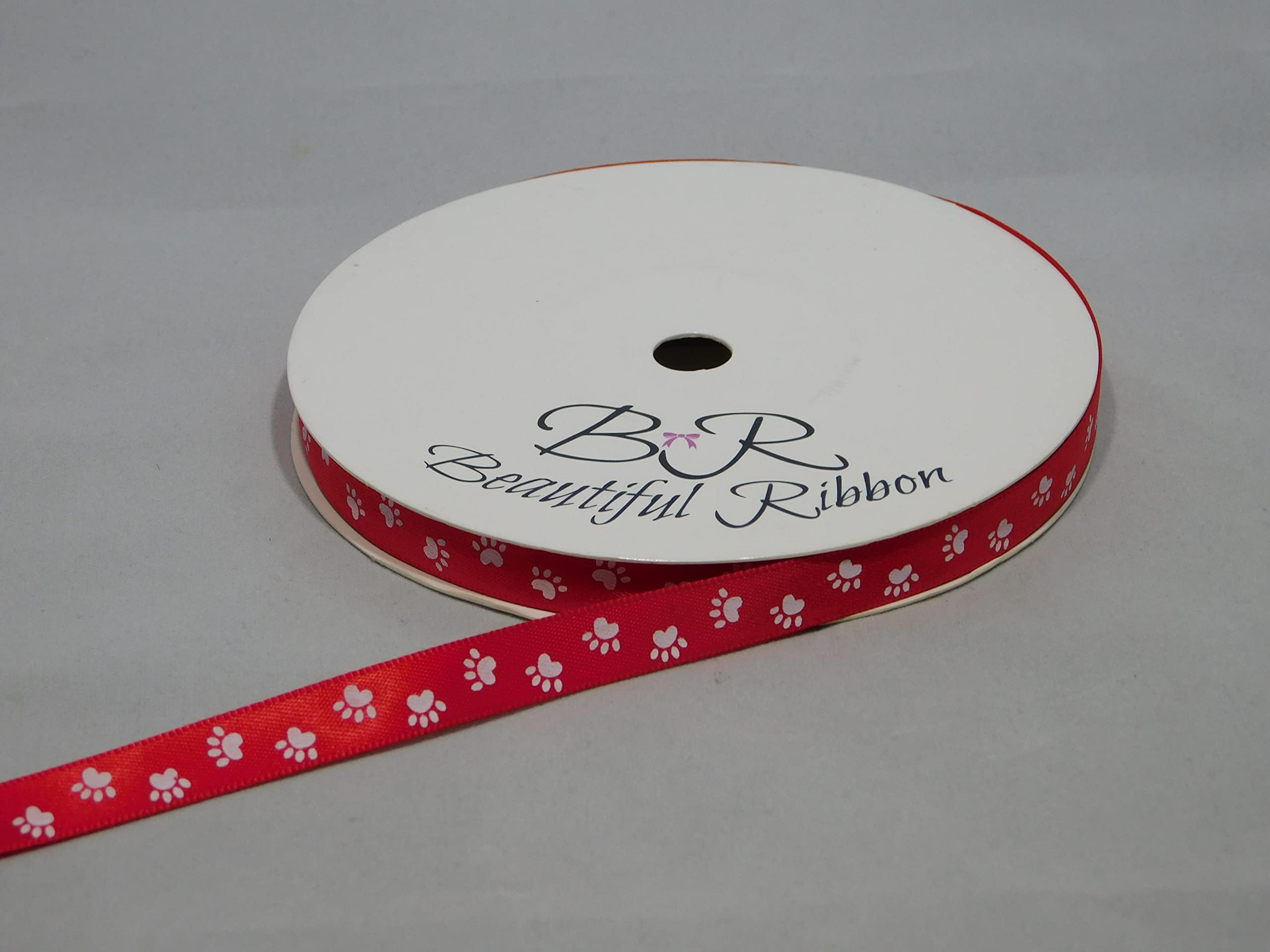 2 metres of 10mm Red with White Paw Print Satin Ribbon Dog Cat Pet 10 mm 1 cm