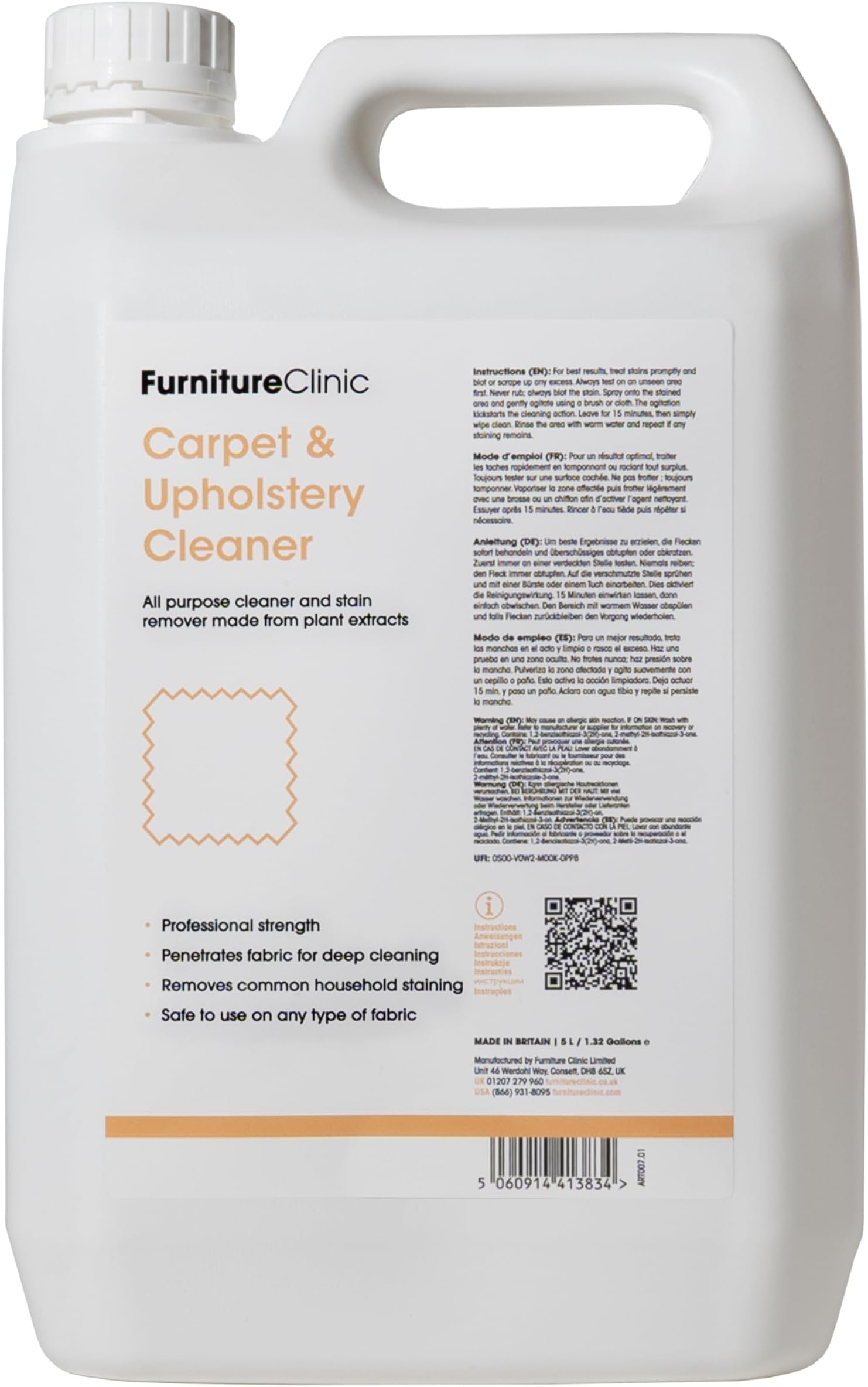 Carpet & Upholstery Cleaner Spray - Carpet Cleaner Solution for All Fabrics, Textiles & Carpets - Stain Remover - Natural Plant Based - Safe to Use On Silk & Wool (5L)