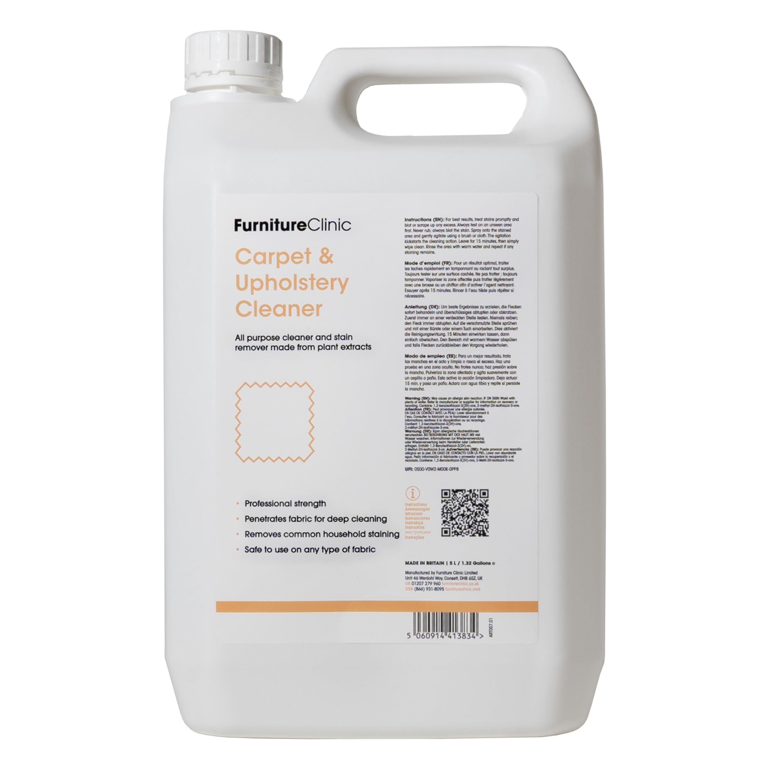 Furniture Clinic Carpet & Upholstery Cleaner Spray - Carpet Cleaner Solution for All Fabrics, Textiles & Carpets - Stain Remover - Natural Plant Based - Safe to Use On Silk & Wool (5L)