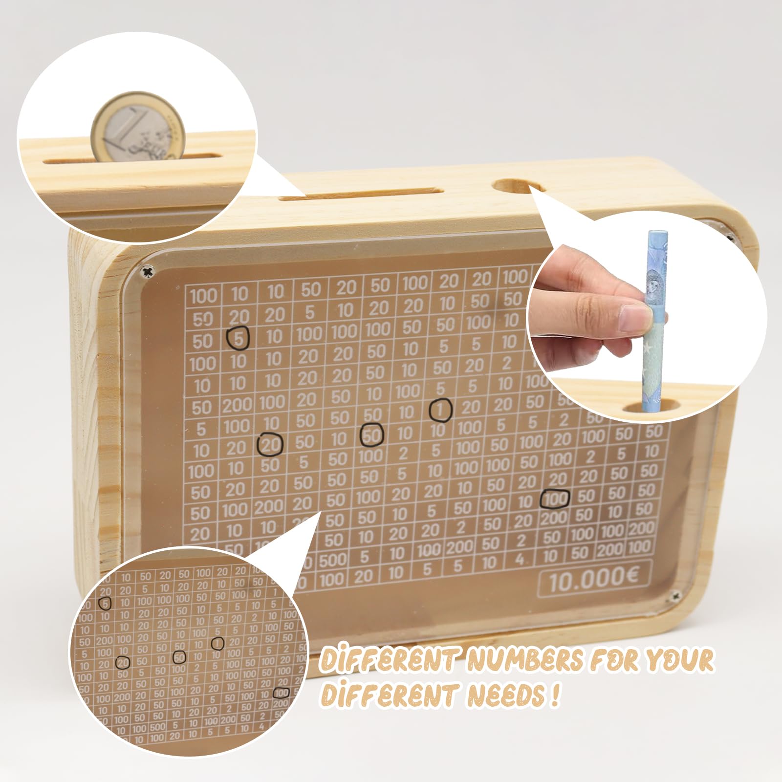 Tirelire En Bois Atuoxing – Avec Compteur D’économies Réutilisable (objectifs 1000/3000/5000€), Stylo Effaçable, DIY - 3