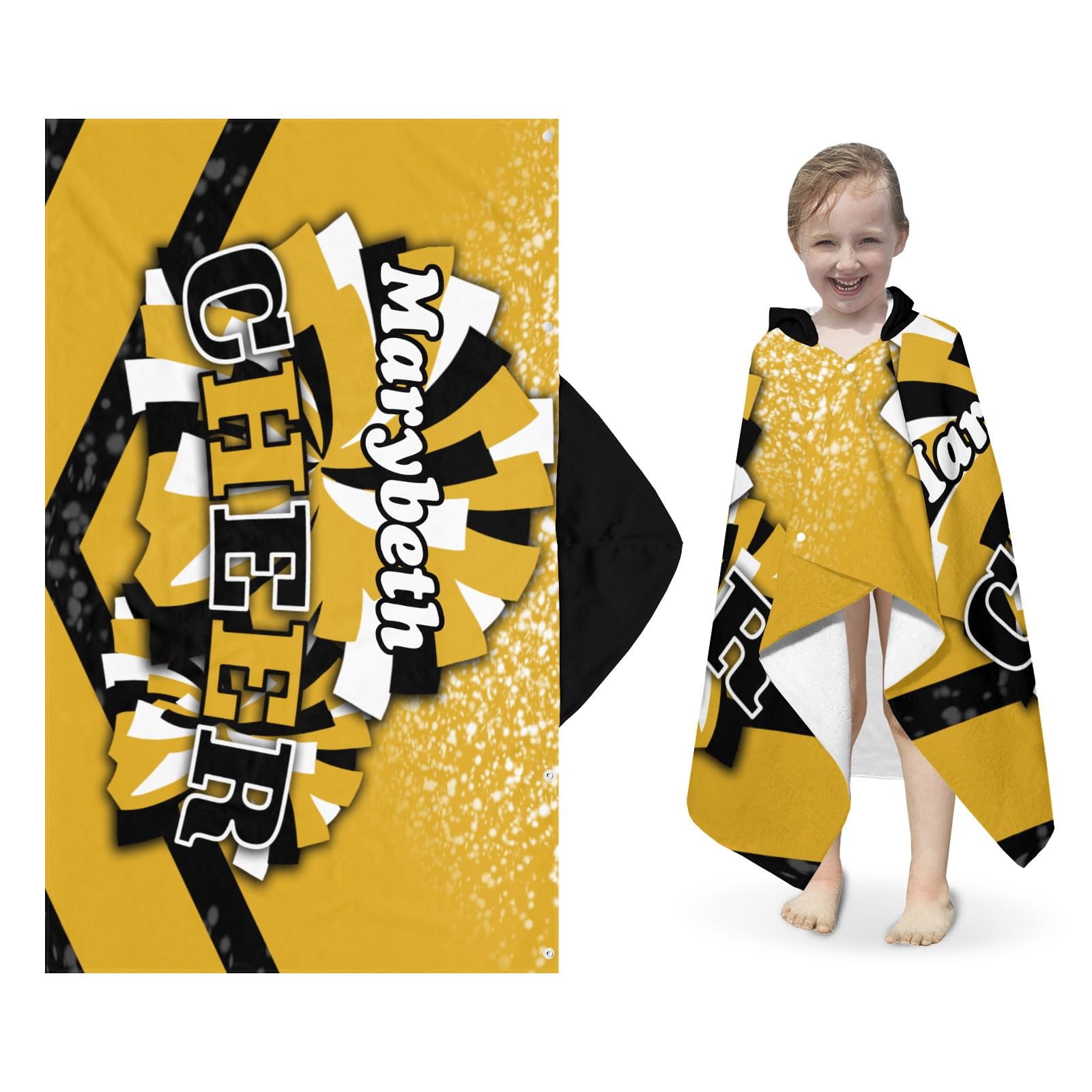 Personalized Black Yellow Cheer Customized Soft Kids Hooded Bath Towel,Boys Girls,for Bathroom,Pool,50x30 Inch,Strongly Absorbent,Wearable Wrap Suitable for Kids with Name