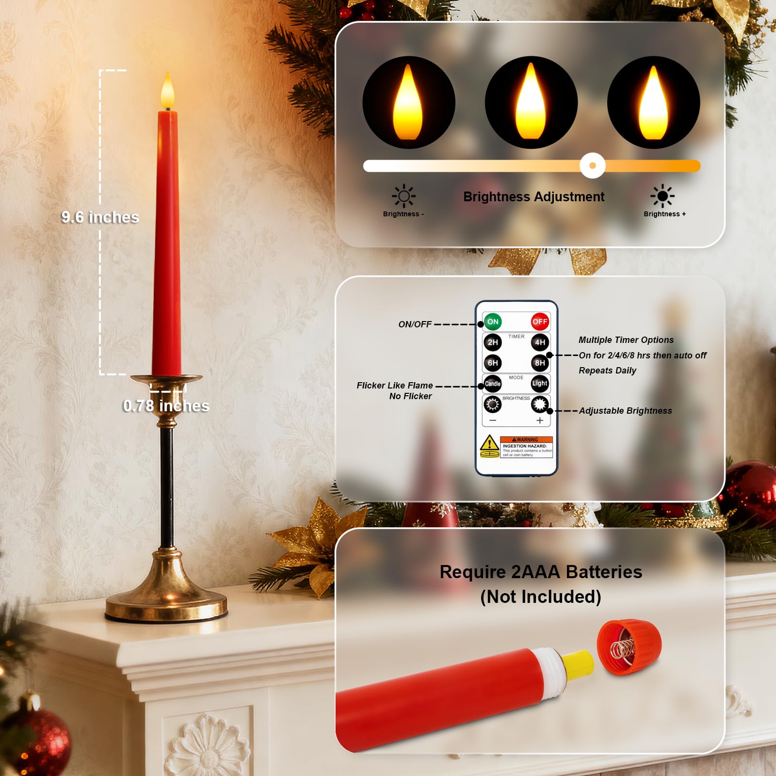 Homemory 12 velas cónicas sin llama cerosas con control remoto, velas LED sin llama, velas altas clásicas, parpadeantes que funcionan con pilas, velas cónicas para dormitorio, comedor, rojo, 9.6