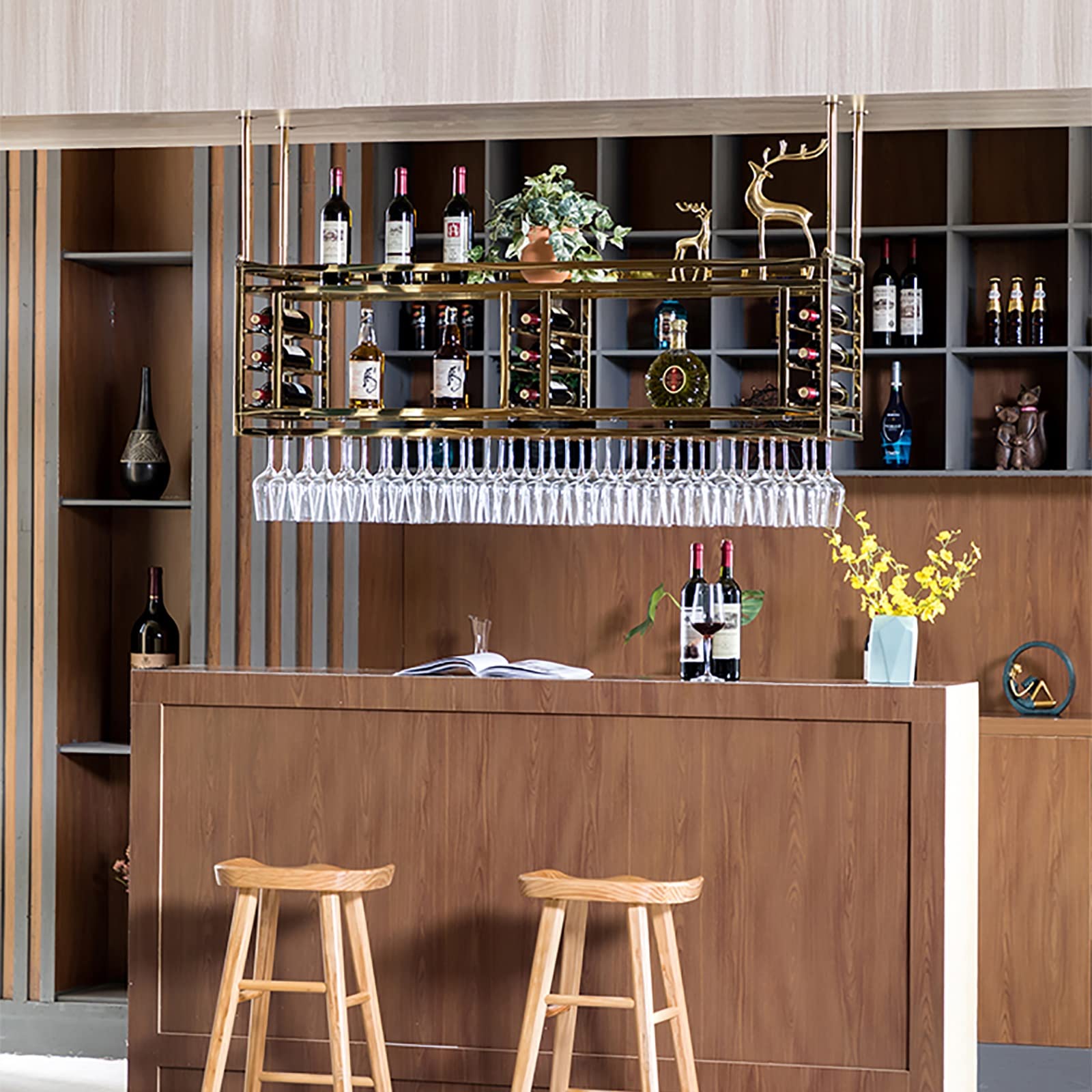 Wine Rack Ceiling Decoration Shelf, Hanging Wine Glass Rack, Adjustable Ceiling Bar Wine Glass Rack, Industrial Hanging Wine Rack with Glass Holder and Shelf, Bar Accessories, Glass Display