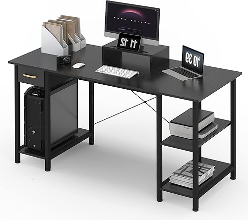 KYNEULIFE Escritorio para computadora de 55 pulgadas, escritorio de oficina en casa con cajón y estantes de almacenamiento, mesa de estudio para