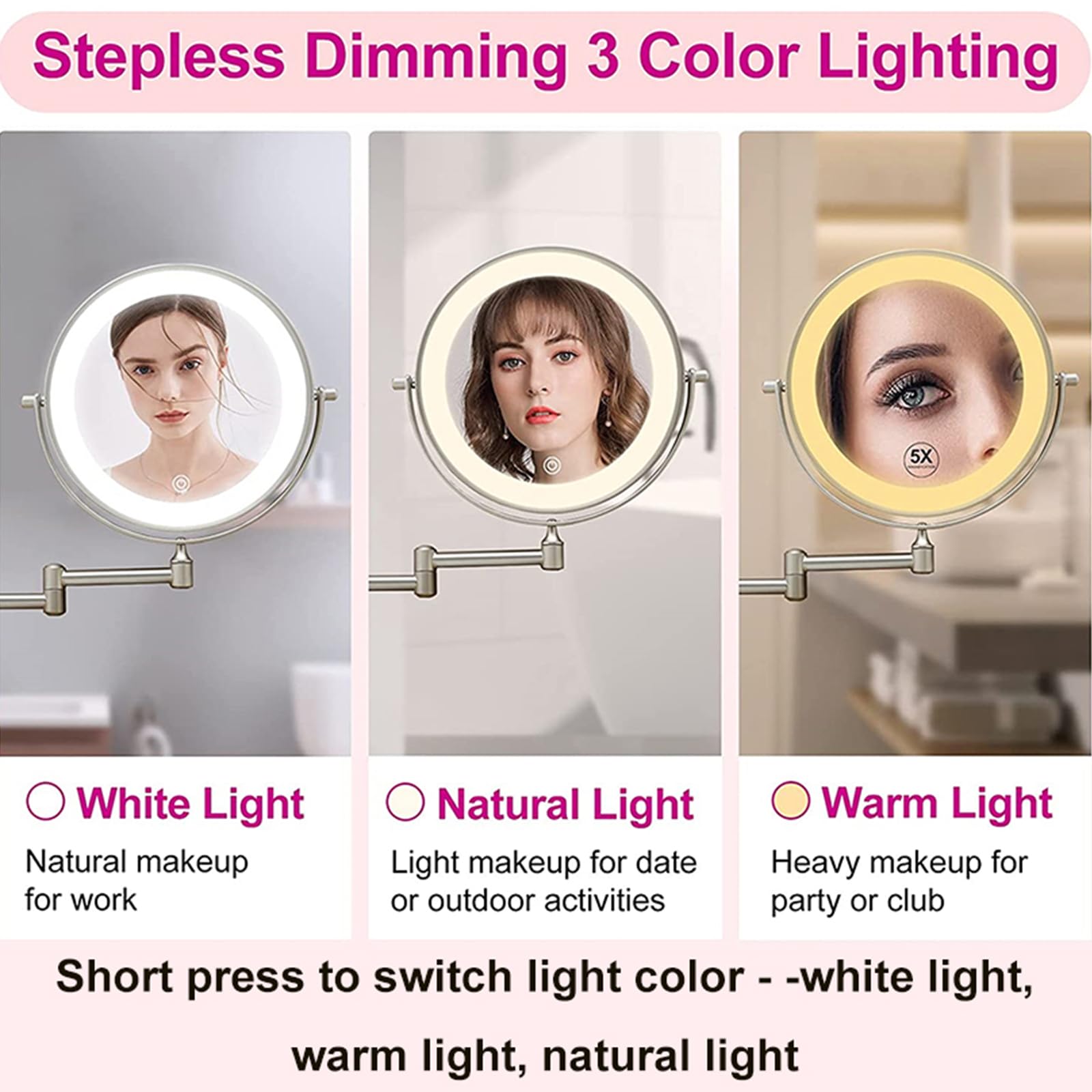 Make-up-Spiegel, 20,3 cm, Messing, Chrom, Wandmontage, wiederaufladbar, 2-seitige LED mit Touchscreen-Dimmung und 3 Farbeinstellungen, 1 x 10 x Magnifin, ideal für Badezimmer und Rasur