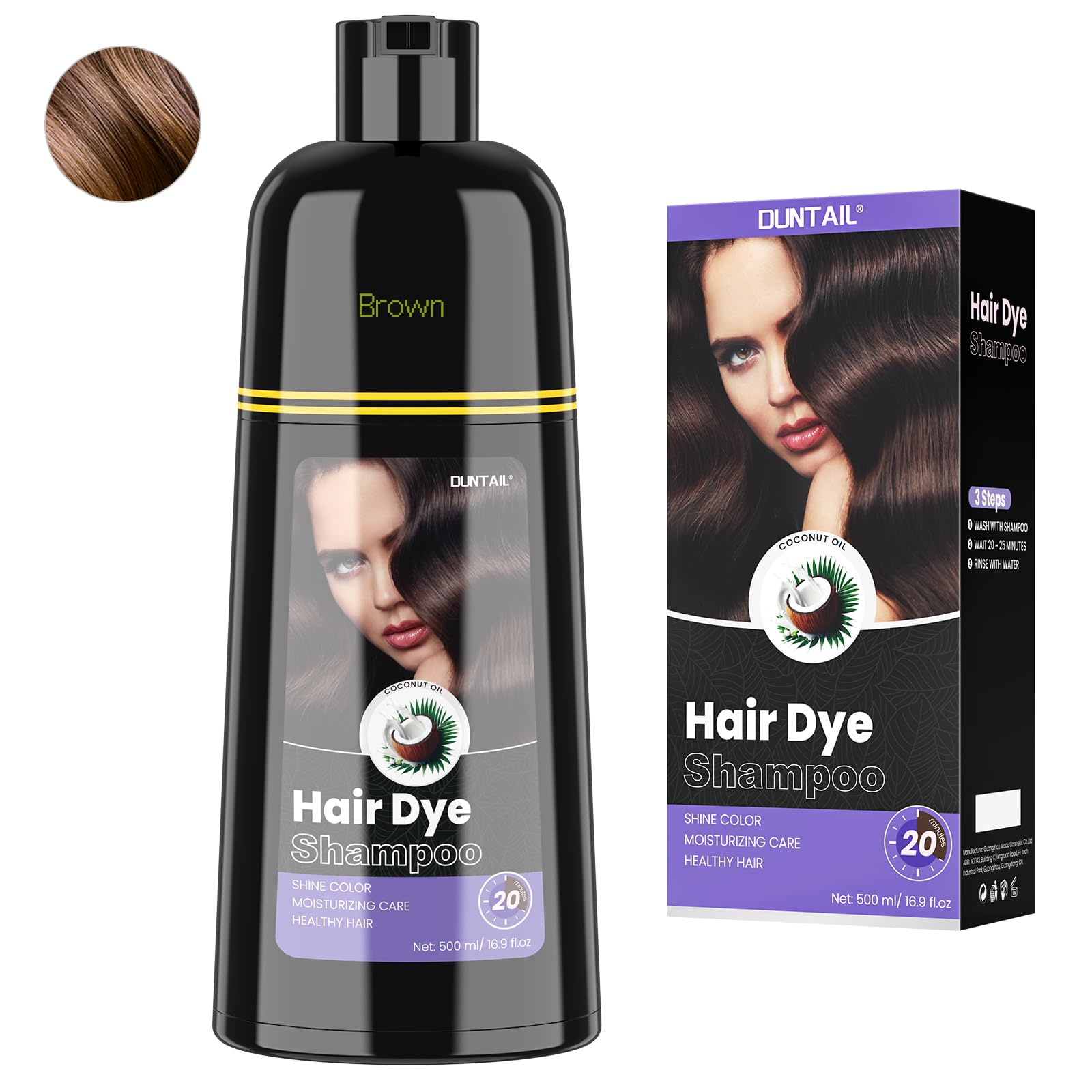 Brown Hair Dye Shampoo, Duntail Coconut Hair Color Shampoo 3 in 1, Semi-Permanent Gray Hair Coverage for Woman & Man, Mild Formula, Lasts 30 Days(16.90 oz)