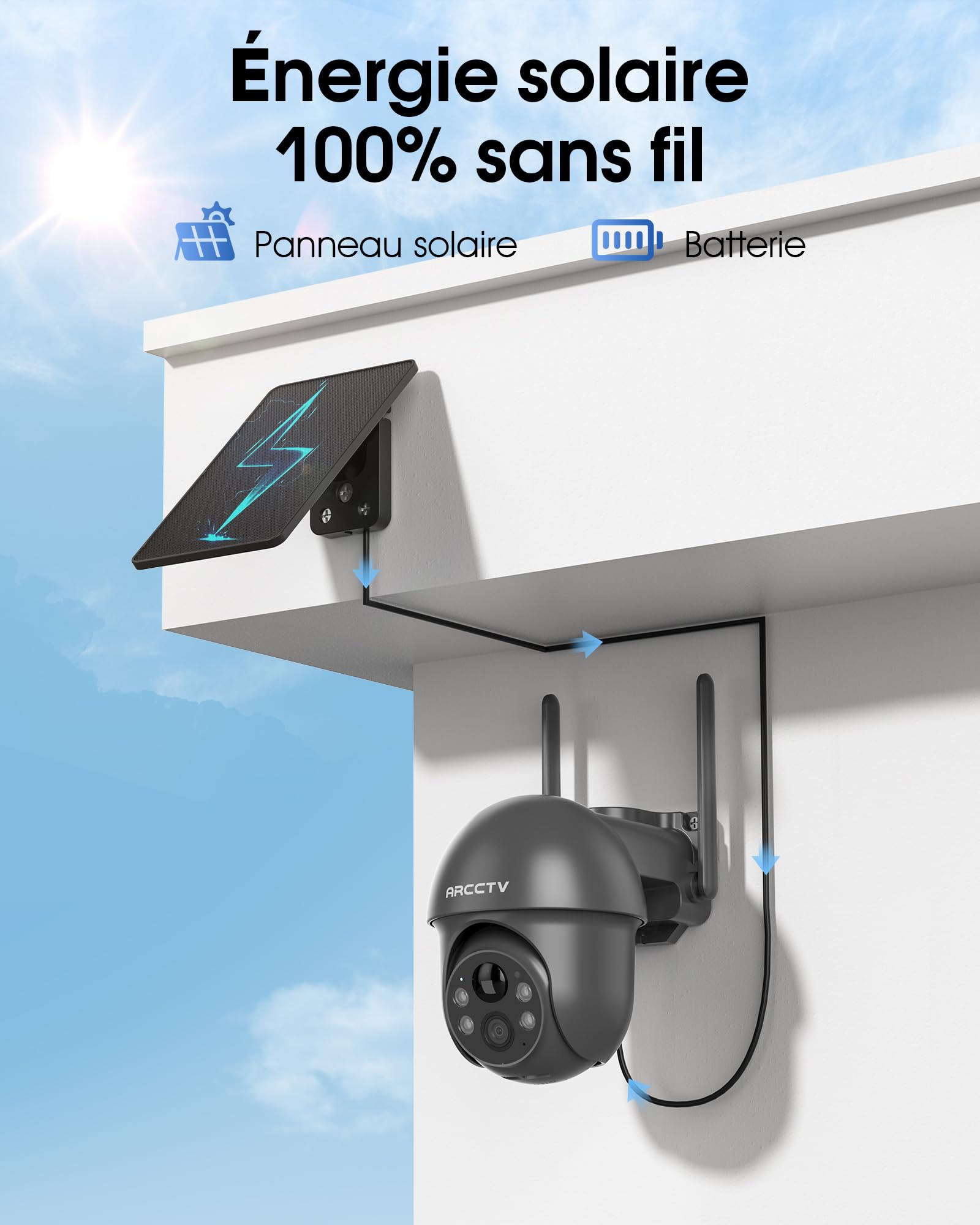 ARCCTV Q1 Caméra Surveillance WiFi Exterieure sans Fil Solaire (Gris, 2pcs) | 2.4/5GHz WiFi, 360° PTZ, 2K/4MP, Panneau Solaire, PIR Détection, Nocturne Couleur, Audio Bidirectionnel, Alexa/IP65