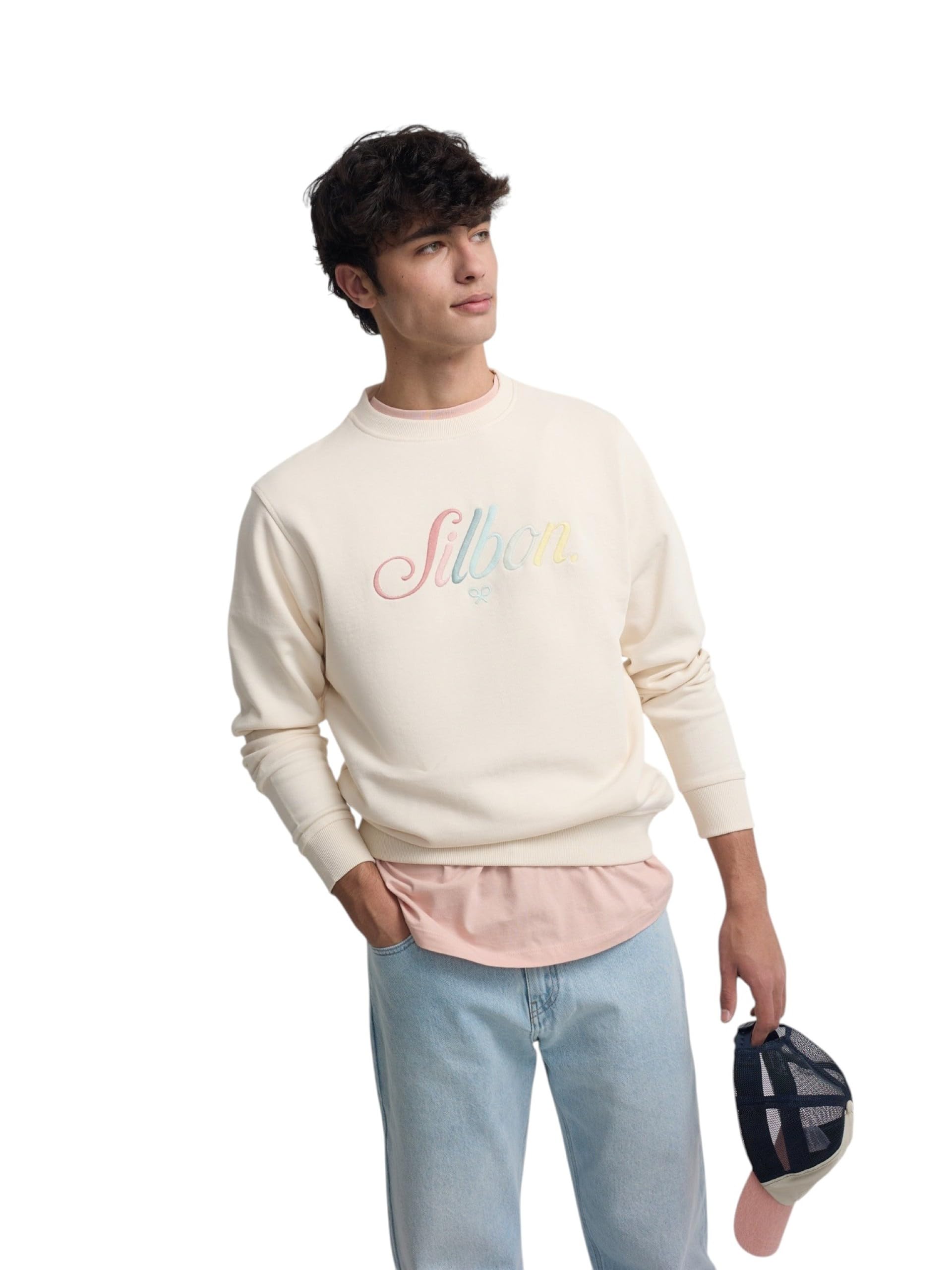 SILBON Sudadera Bordado Multicolor Crema para Hombre Talla XS