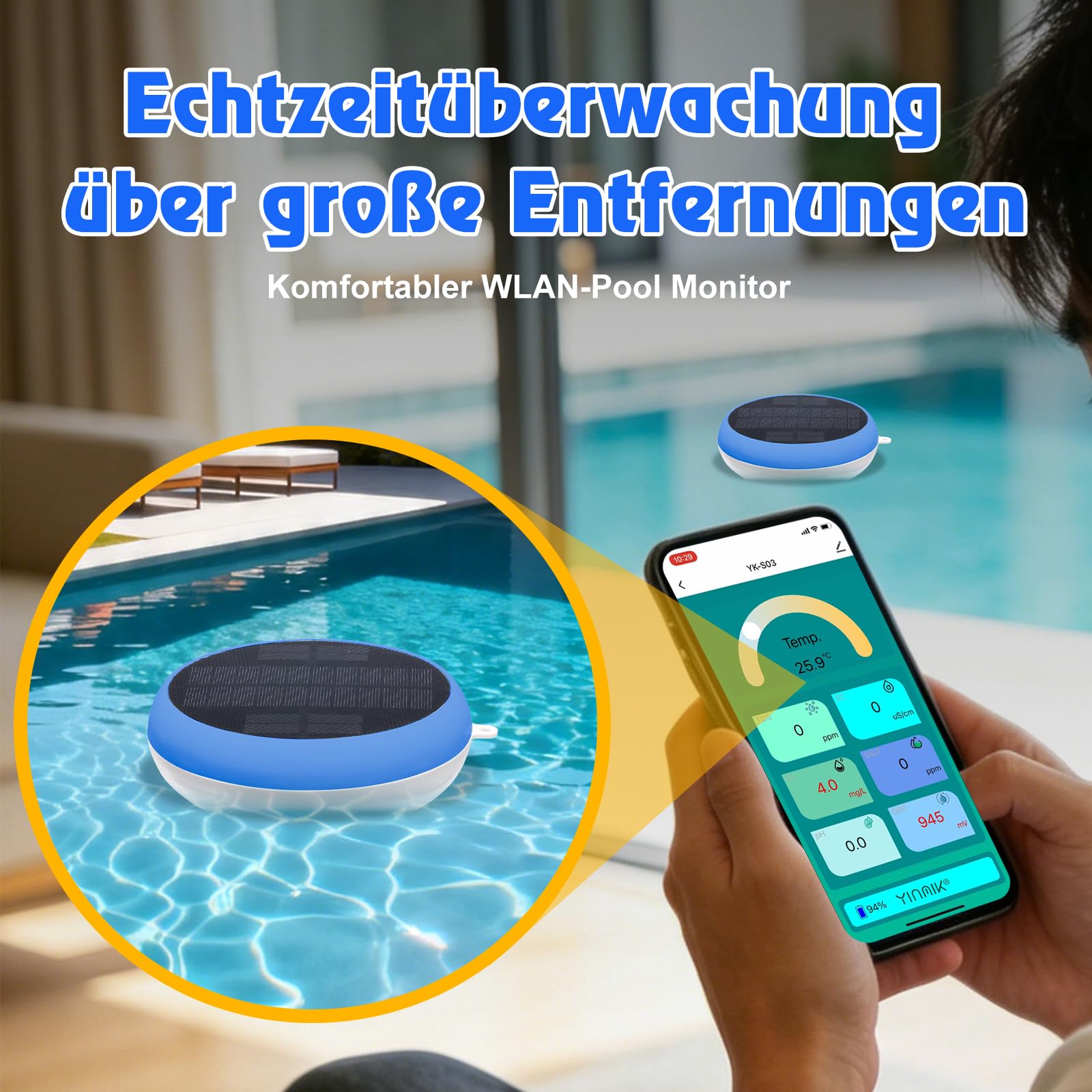 Intelligentes Pool Chlor pH Messgerät, Chlor Monitor mit Solarbetrieb, Digitales pH Salz Messgerät für Salzwasserpools, YINMIK 7 in 1 pH Chlor Salz ORP EC TDS Temp Meter für Außenpool Whirlpool Spa