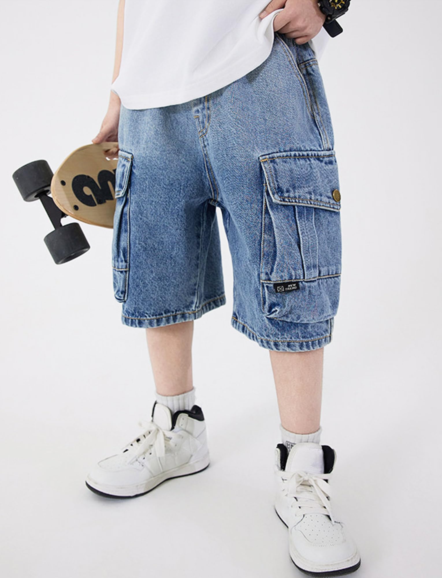 SEAUR Pantalon Corto Vaquero Niño Pantalón Cortos de Pierna Ancha en Denim Baggy Jean Shorts Elástico Cintura Bermuda con Bolsillos Denim Shorts Boys