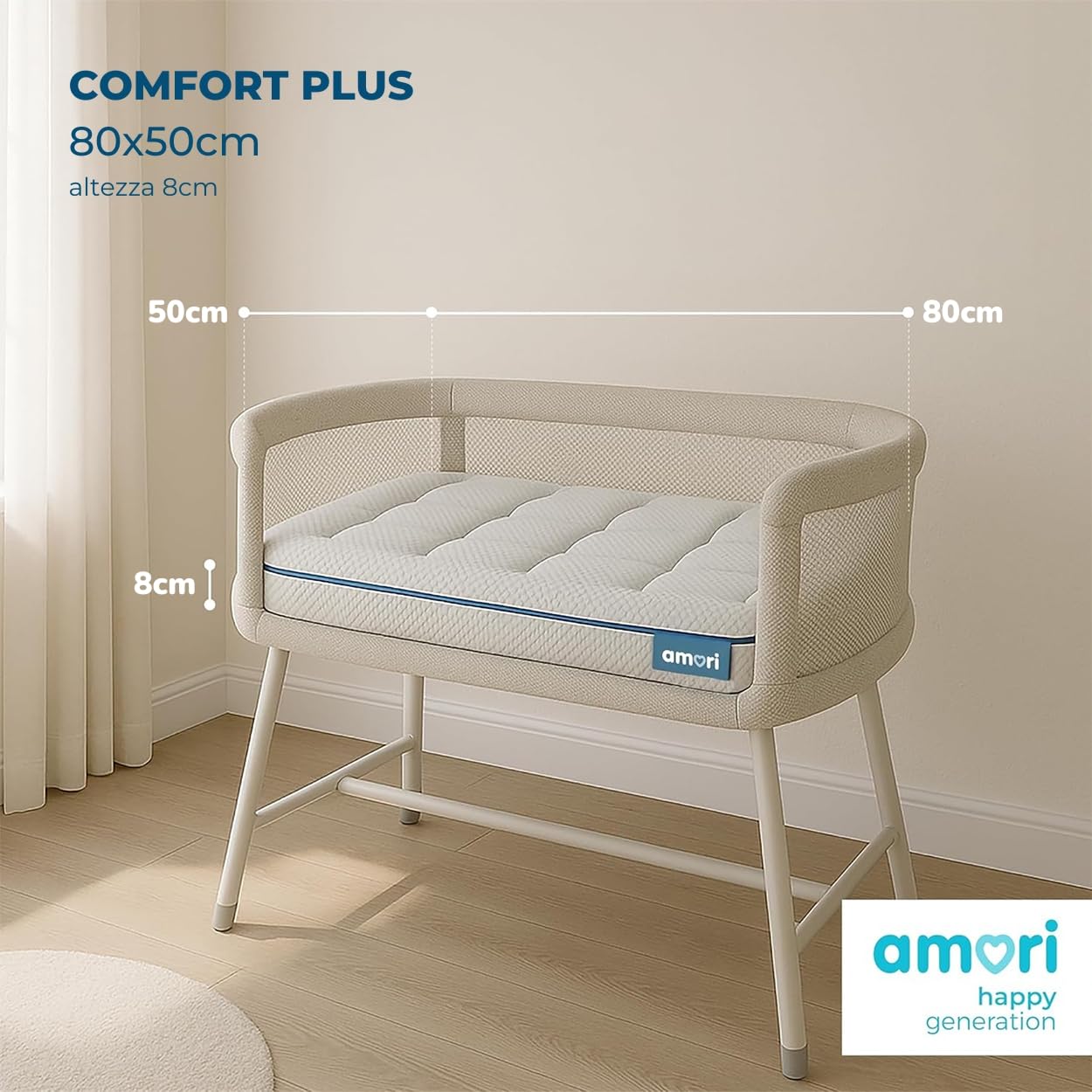 AMORI - Materassino Antisoffoco 80x50 cm per Culla Lettino - Sfoderabile, Anallergico - Doppia Faccia Estate/Inverno - Certificato OEKO-TEX - Spessore 8 cm - Comfort Plus