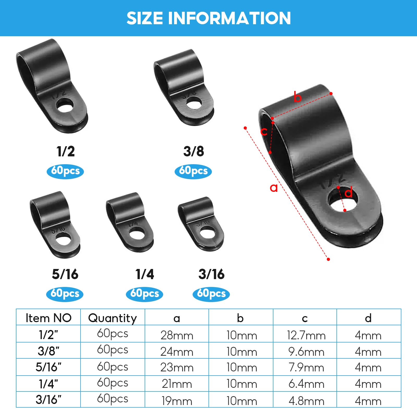 Black Cable Clips, 300Pcs Cable Tidy Clips Cable, Electric Cables Clips, 5 Sizes R Clips for Cable Electrical and Pipe Fixing - Image 2