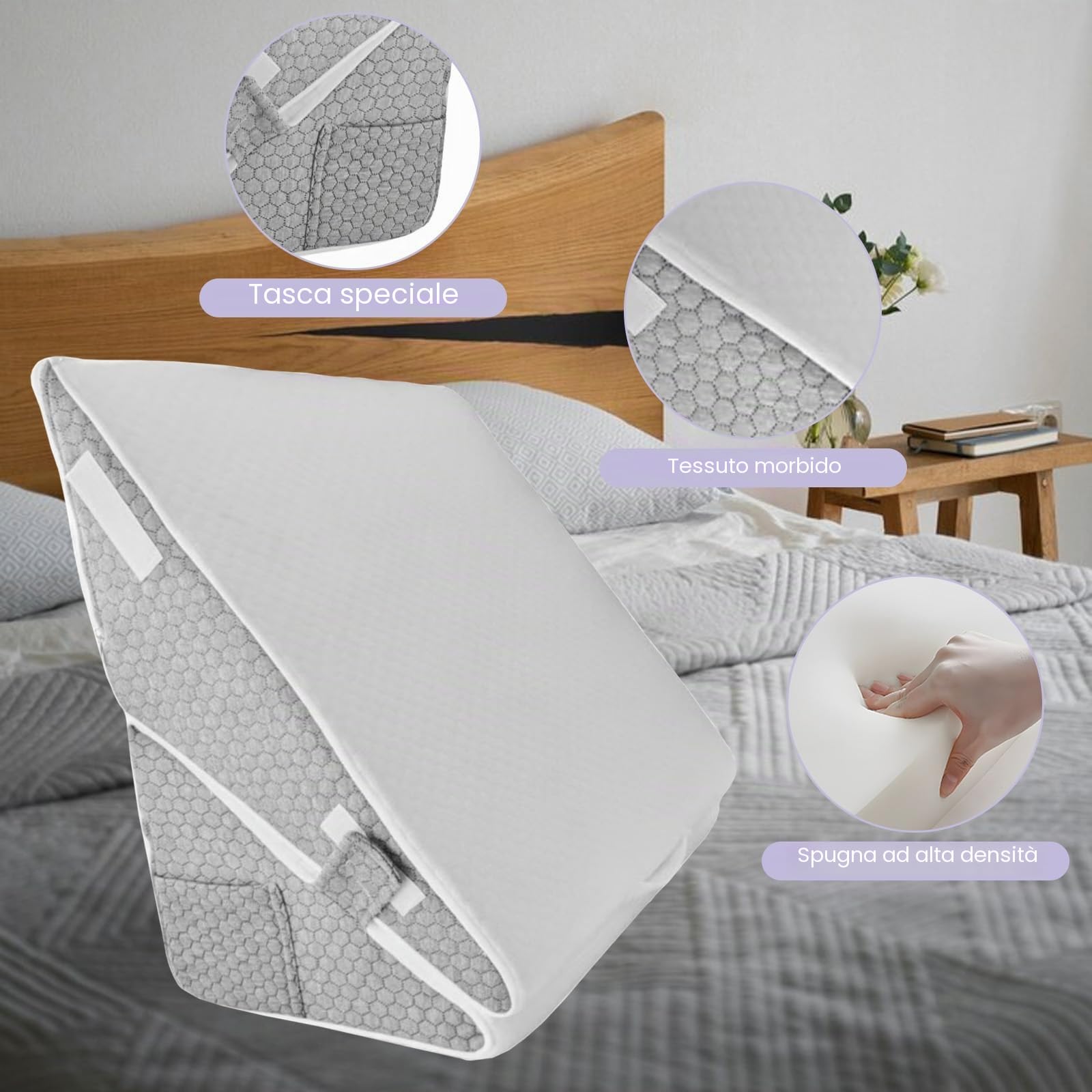 Set di 2 cuscini a cuneo, in memory foam, rimovibili, inclinabili, con poggiatesta per sollevamento gambe, supporto schiena, reflusso acido, russare, post-chirurgia, lettura (grigio)