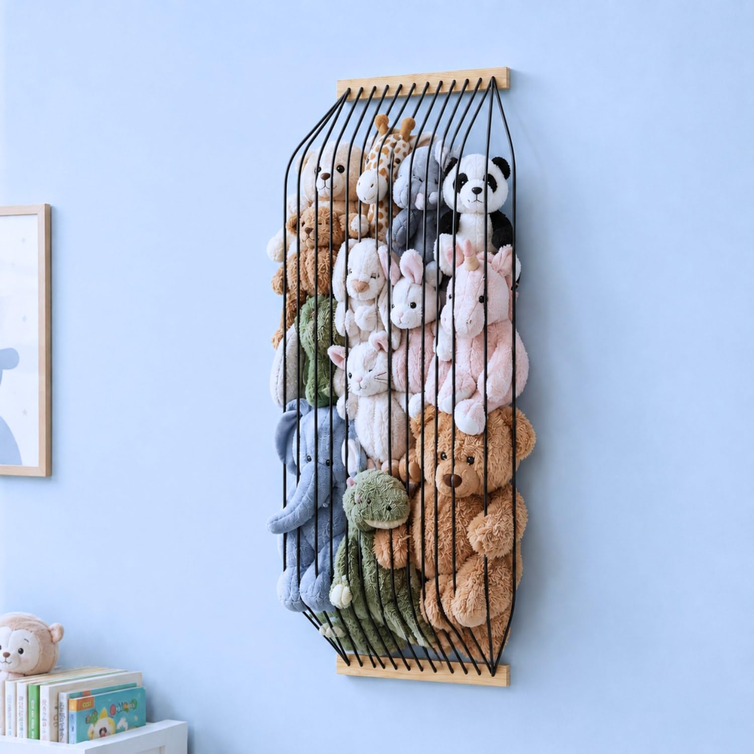 Stuffed Animal Storage Wood Soft Toy Organizer for Kids Room，Cute and Durable Wall or Door Mount Length Adjustable Hanging Stuffed Animal Toy Organizer Shelf for Nursery Play Room Black -Patent