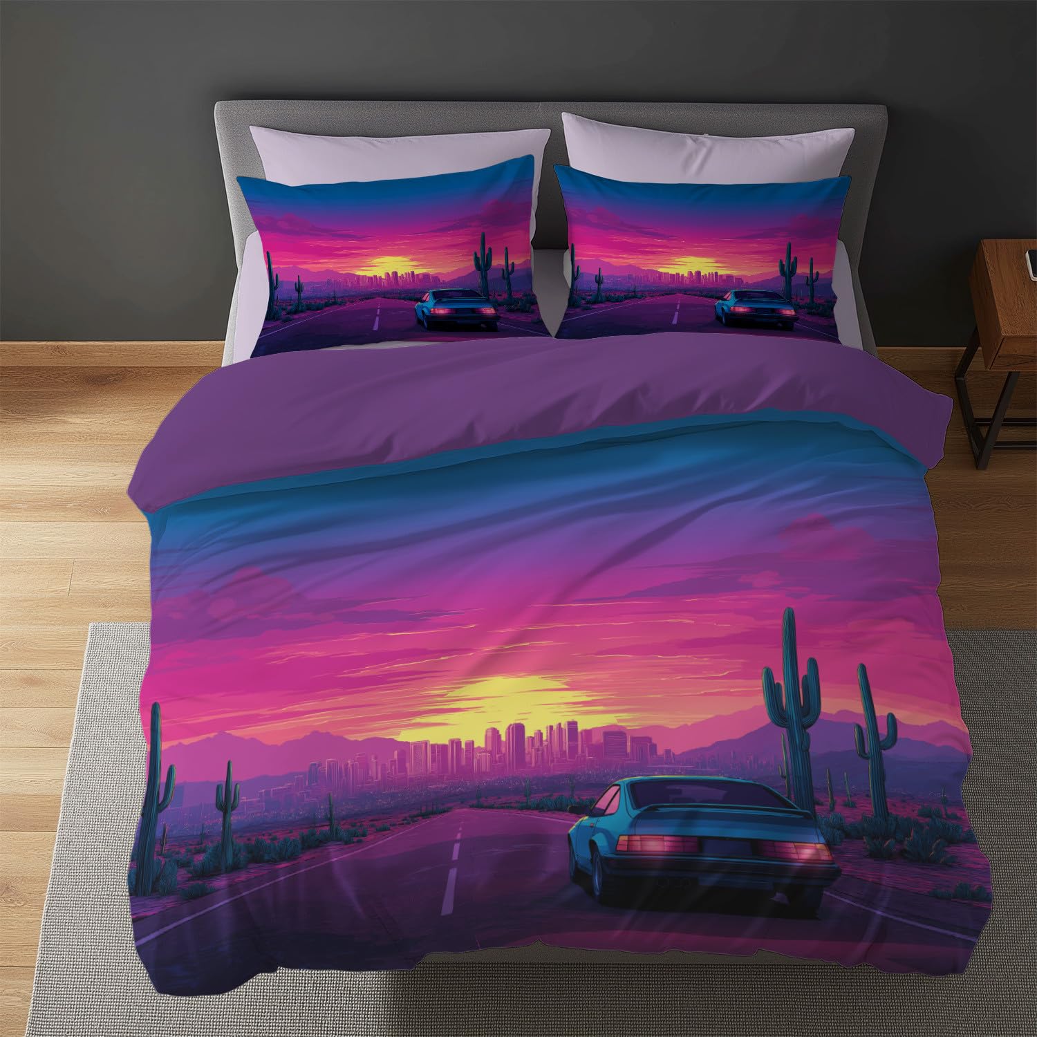 Generisch Zestaw pościeli Anime 180 x 200 cm, magenta, różowa poszwa na kołdrę dla dzieci, młodzieży i dorosłych, na samochodową pustynię, vintage, miękka, puszysta, oddychająca, poszewka na kołdrę z
