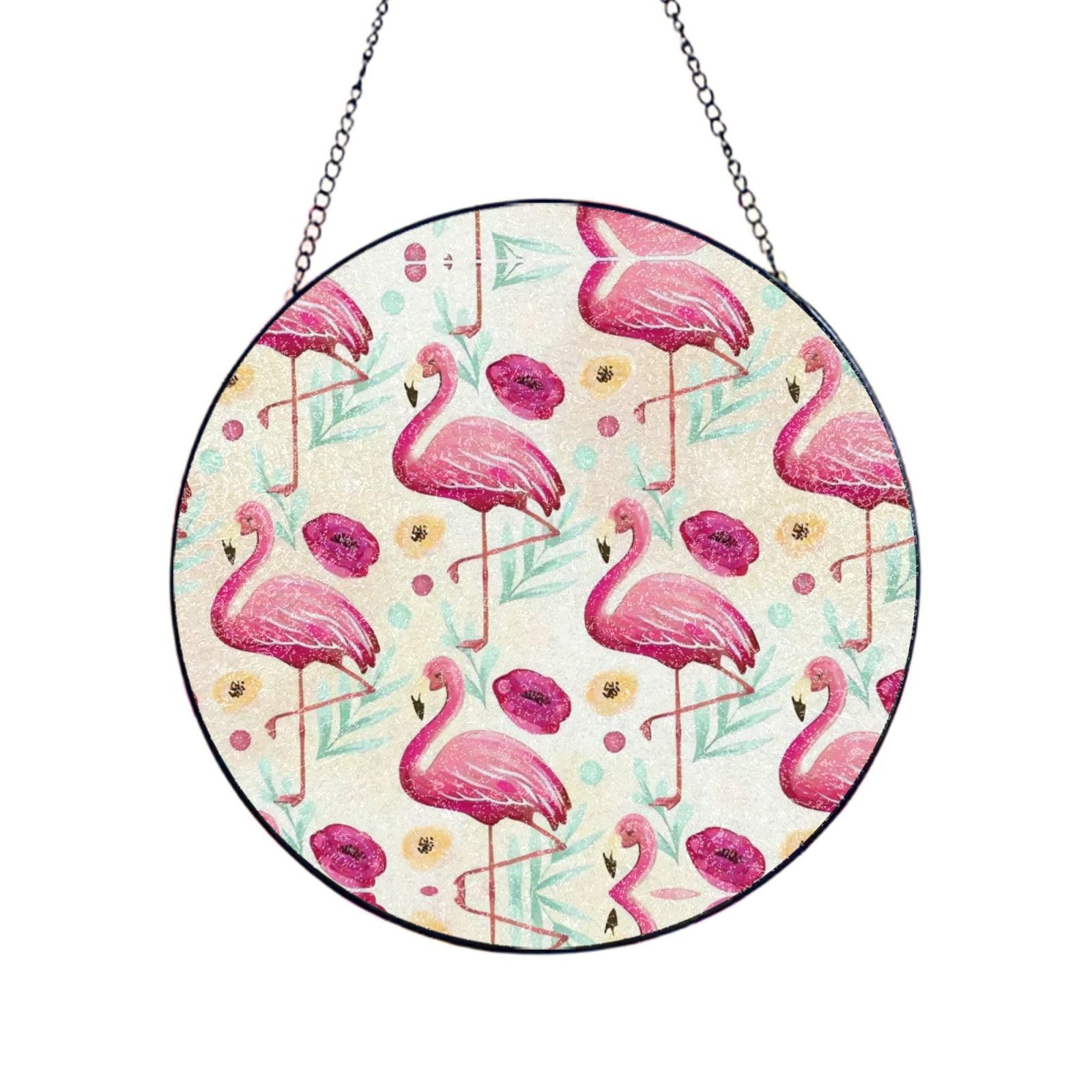 Phayah Flamingo Print Glass Window Hanging Round Suncatcher Glass Ornament Garden Wall Fence Decorations Indoor Outdoor 12in（30cm）