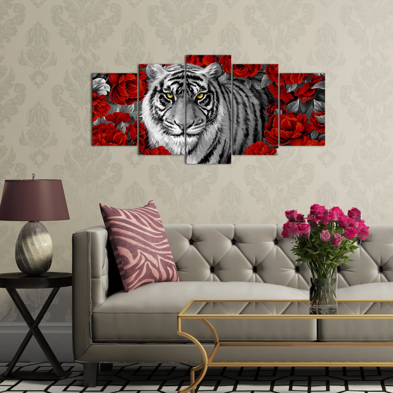 NIIORTY Set di 4 poster da parete su tela con stampa fotografica di animali selvatici africani in bianco e nero, tigre, leone, elefante, leopardo, coraggioso, per camera da letto e soggiorno (20,3