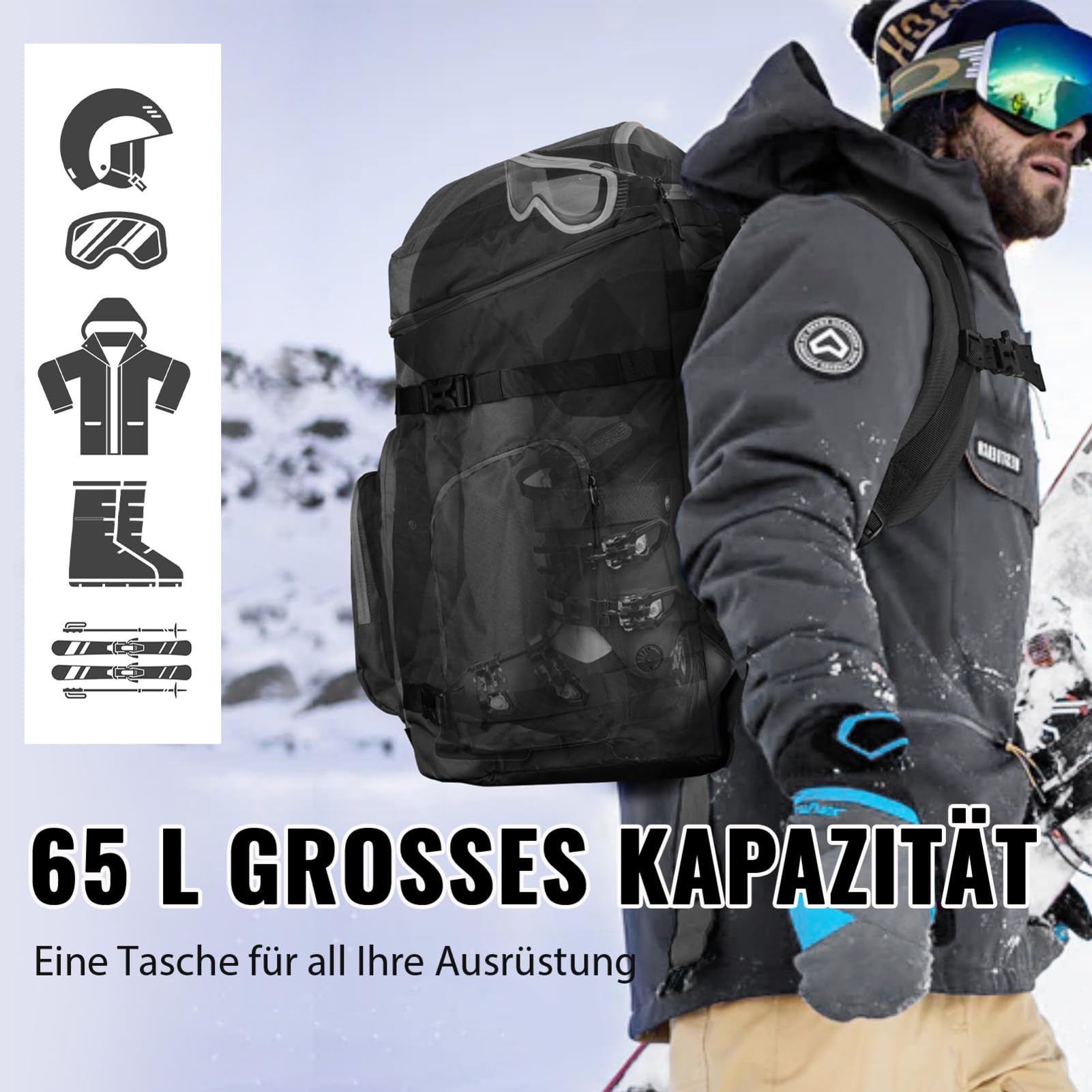 YOREPEK Skischuhtasche mit Helmfach und Rucksackgurten, 65L Groß Skitasche mit 8 Fächern