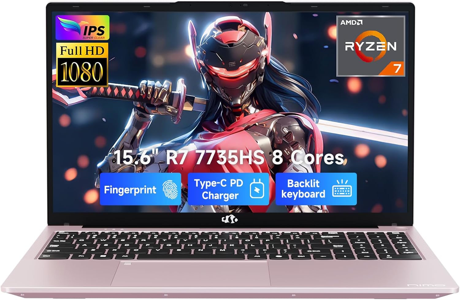 NIMO 15.6″ Laptop, AMD Ryzen 7 7735HS (Up to 4.75GHz), 32GB DDR5 RAM, 1TB PCIe 4.0 SSD, Windows 11 Home, 1080P FHD, Backlit KB, 100W PD Fast Charge, 5 x Full-Function USB-C (Data/Display/Charge)