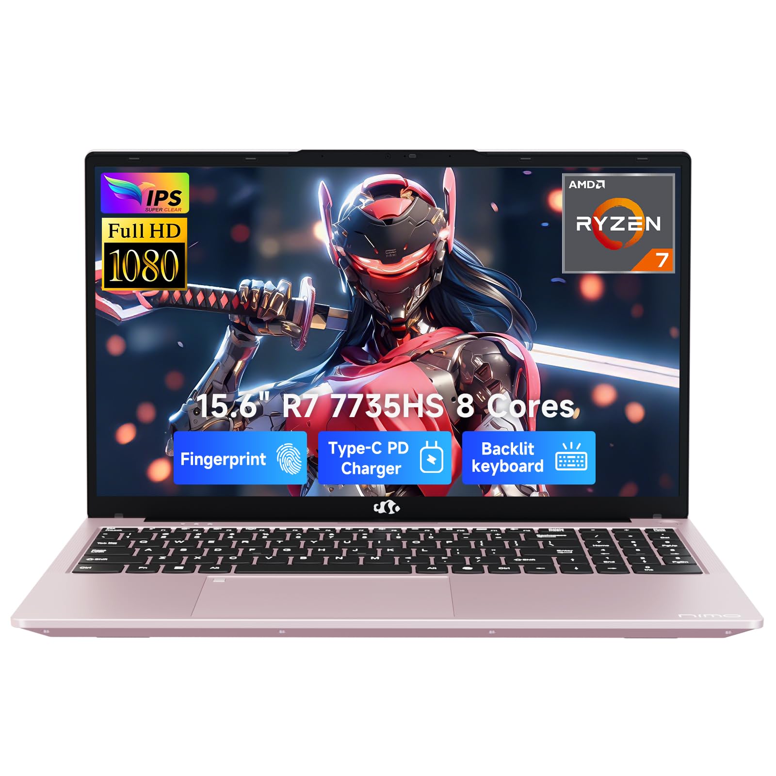 NIMO 15.6" Laptop, AMD Ryzen 7 7735HS (Up to 4.75GHz), 16GB DDR5 RAM, 512GB PCIe 4.0 SSD, Windows 11 Home, 1080P FHD, Backlit KB, 100W PD Fast Charge,