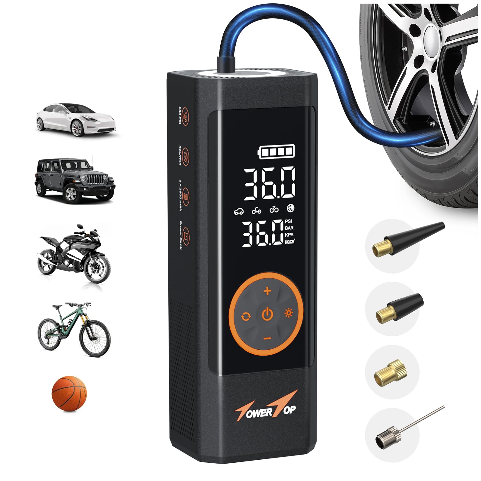 TowerTop Tire Inflator Portable Air Compressor: 2.5X Faster Inflation 150PSI Cordless Tire Inflator with 7800mAh Rechargeable Battery Air Pump for Car Bike Motorcycle Ball Pickup and Truck(Black)