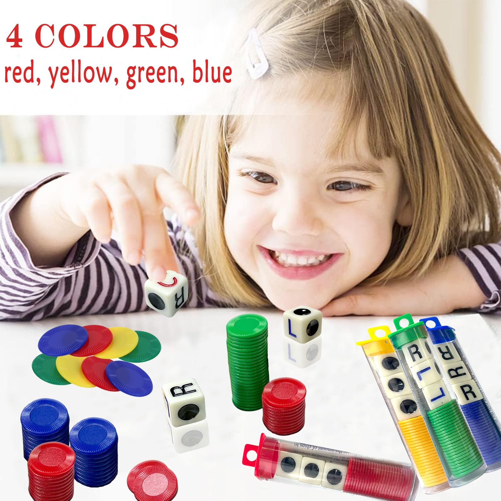 4 Tubes Left Right Centre Dice Games,4 Color Interactive Toy Round Corner Dice Portable Strike Dice Game,Fun Dice Game with 12 Dices+96 Chips for Kids Adults Christmas Family Camping Group Game Dice - Image 4