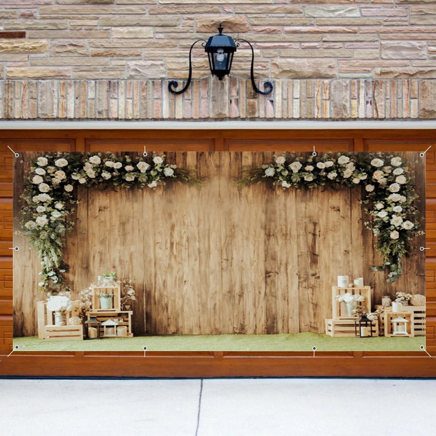 Rustic Flower Wedding Garage Door Cover Banner Decorations Backdrop 7x16ft Large Spring Floral Wooden Wall Garage Door Cover Bridal Shower Ceremony Outdoor Wedding Party Garage Door Props Supplies