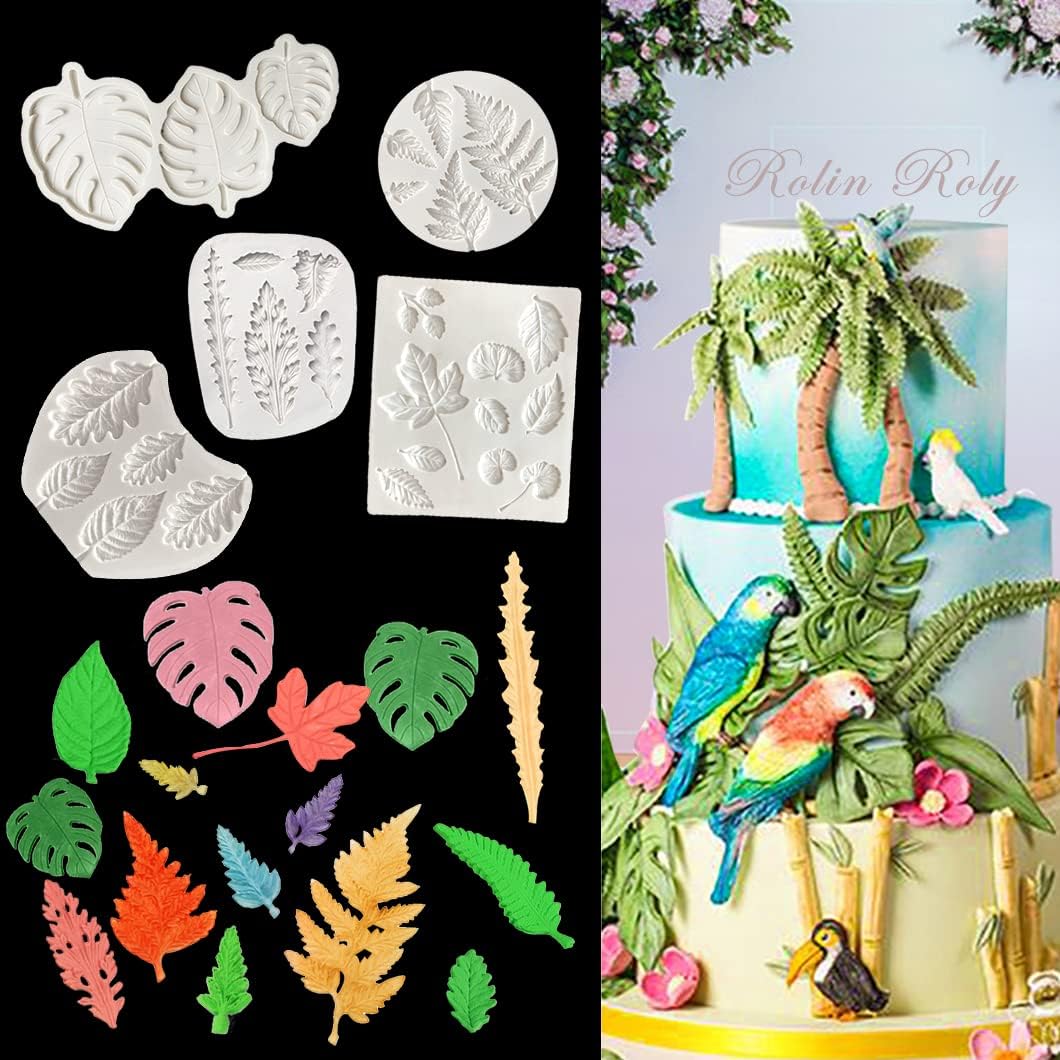Rolin Roly 5Pcs Leaf Fern Fondant Cake Molds Leaf Silicone Mold Candy Monstera Mould Reusable Fondants Maple Pattern Moulds DIY Crafting Projects Cakes Decoration Flexible Baking Tool