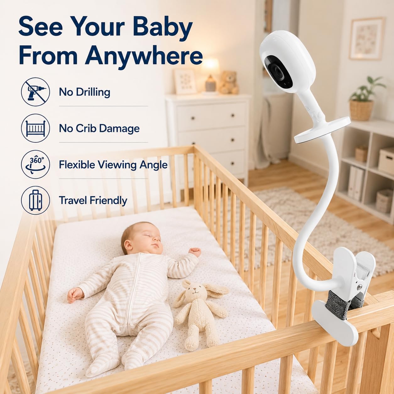 Uchwyt do elektronicznej niani Nanit Pro Smart Baby Monitor i Flex Stand, również do aparatów z mocowaniem śrubowym 1/4, elastyczny, długi uchwyt na aparat dla niemowląt, bez narzędzi