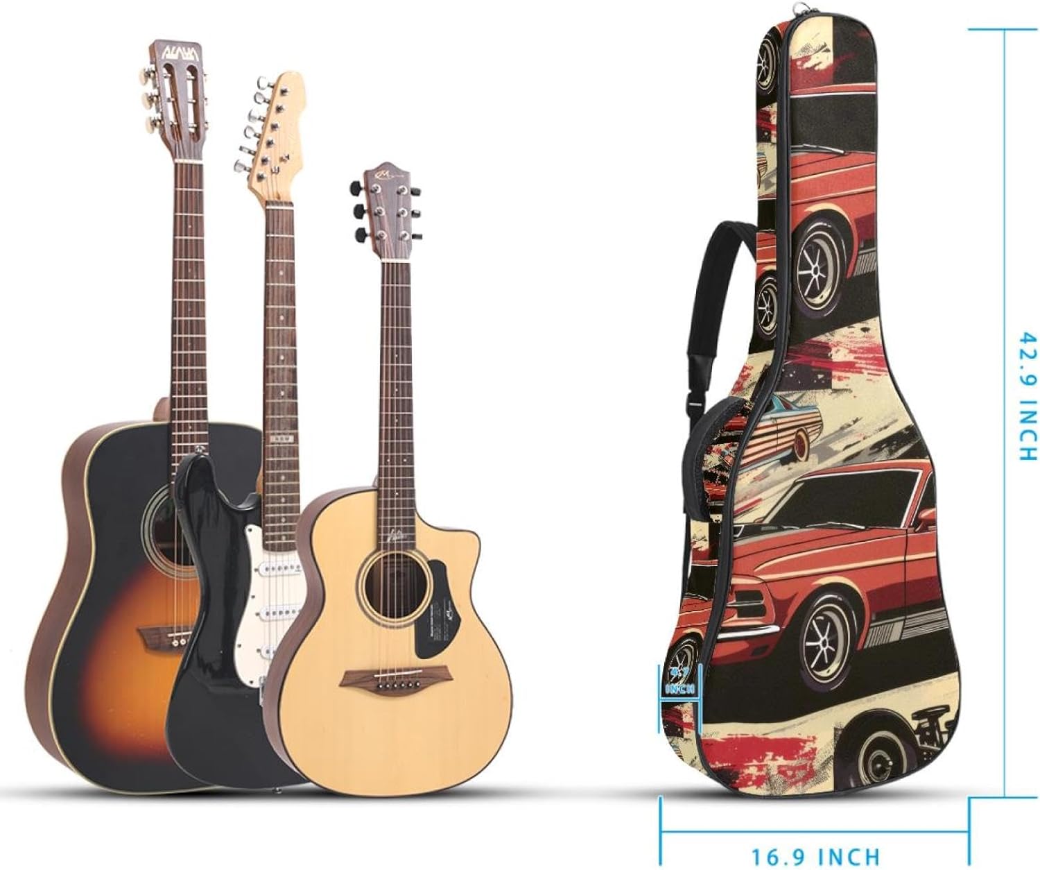40 41 42 Inch Guitar Bags, Waterproof Padded Acoustic Guitar Case Backpack with Adjustable Shoulder Strap & Pockets, Cars Colorful Seamless Pattern Vintage Style